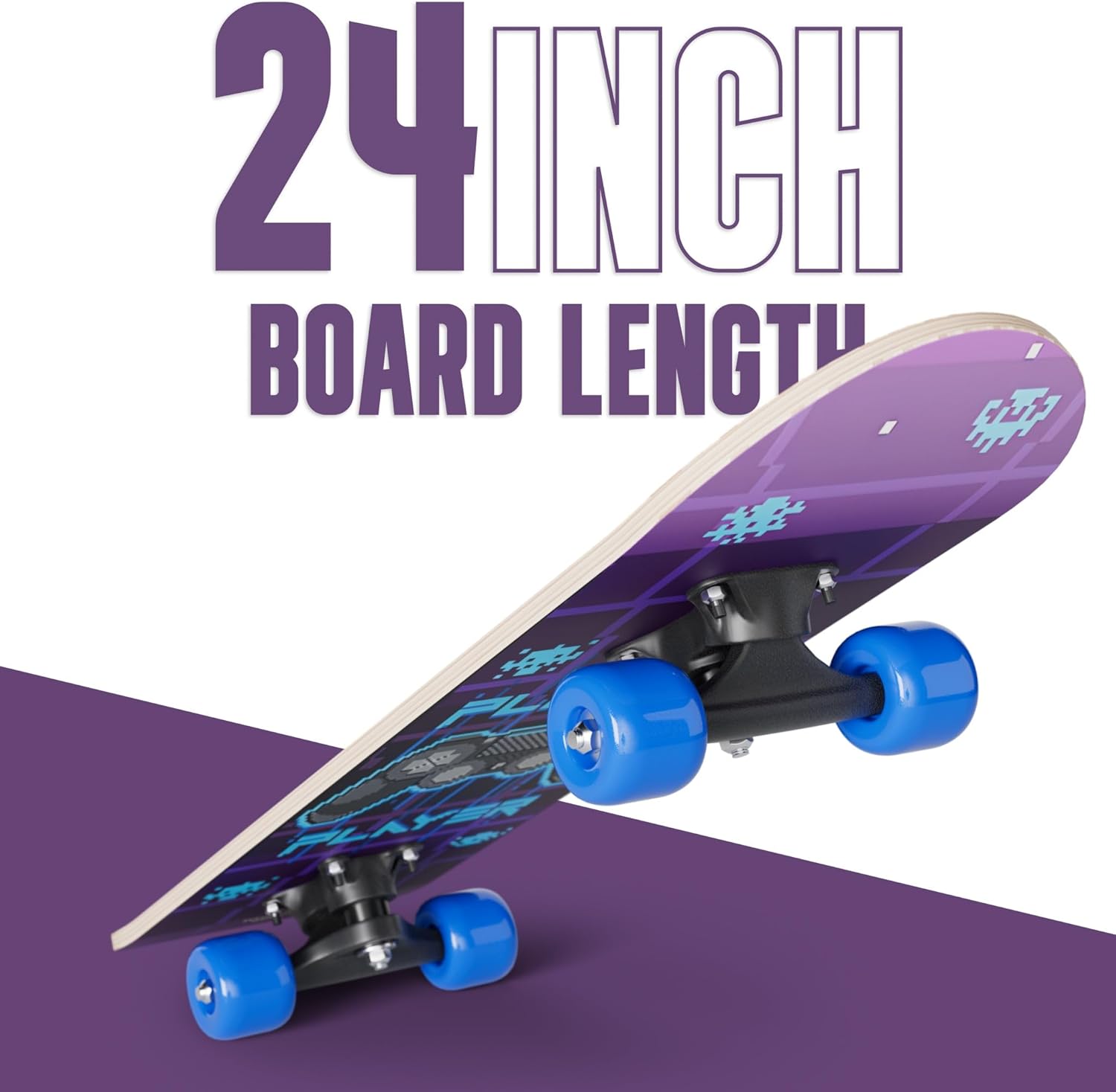 24" Mini Complete Skateboard | Maple Wood | ABEC 7 Bearings | Double Kick Concave Deck | Kids Skateboard, Ideal Kids Cruiser Skateboard Ages 5-8 Play on Player image 5 of 7 B0BL8J77HC