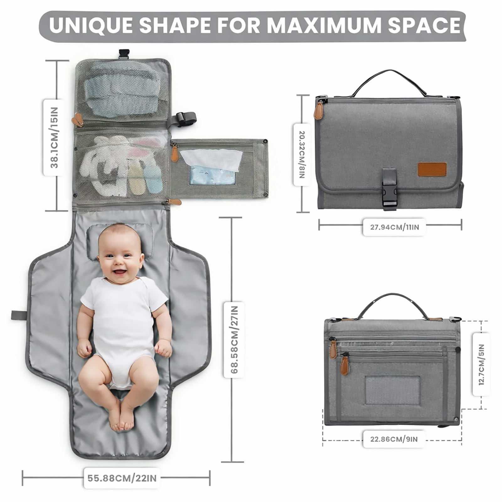 UBRAVOO Fasciatoio portatile – Borsa da viaggio con tasca per salviettine, design intelligente, kit da viaggio per bambini, regalo per neonati e ragazzi (grigio)