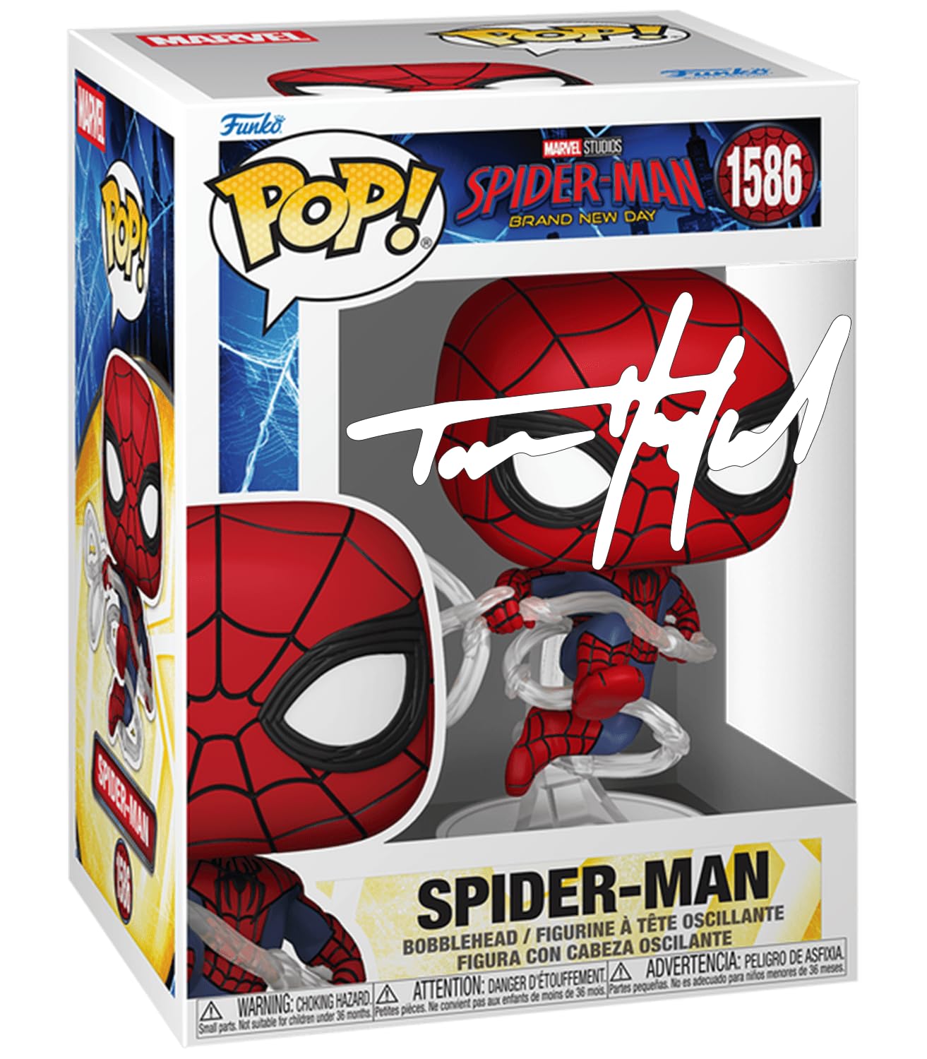 Tom Holland Spiderman #1586 Swinging Spider-Man Brand New Day Facsimile Signed Reprint Laser Autographed Funko POP! Marvel Avengers Movies Figurine with Protector Case
