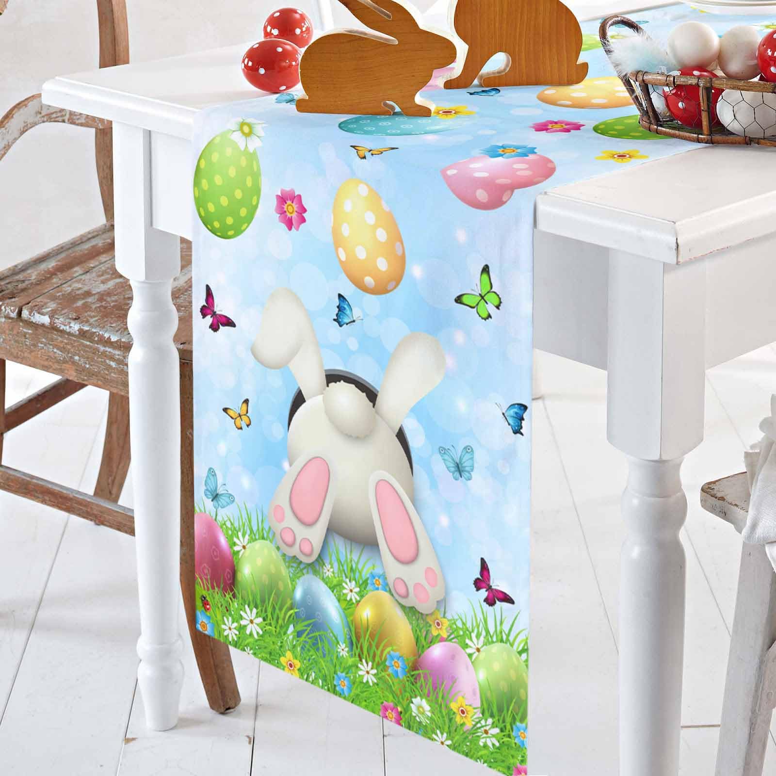 Easter Table Runner, 72 Inches Long, Funny Rabbit Spring Eggs Cotton Linens Holiday Table Decor