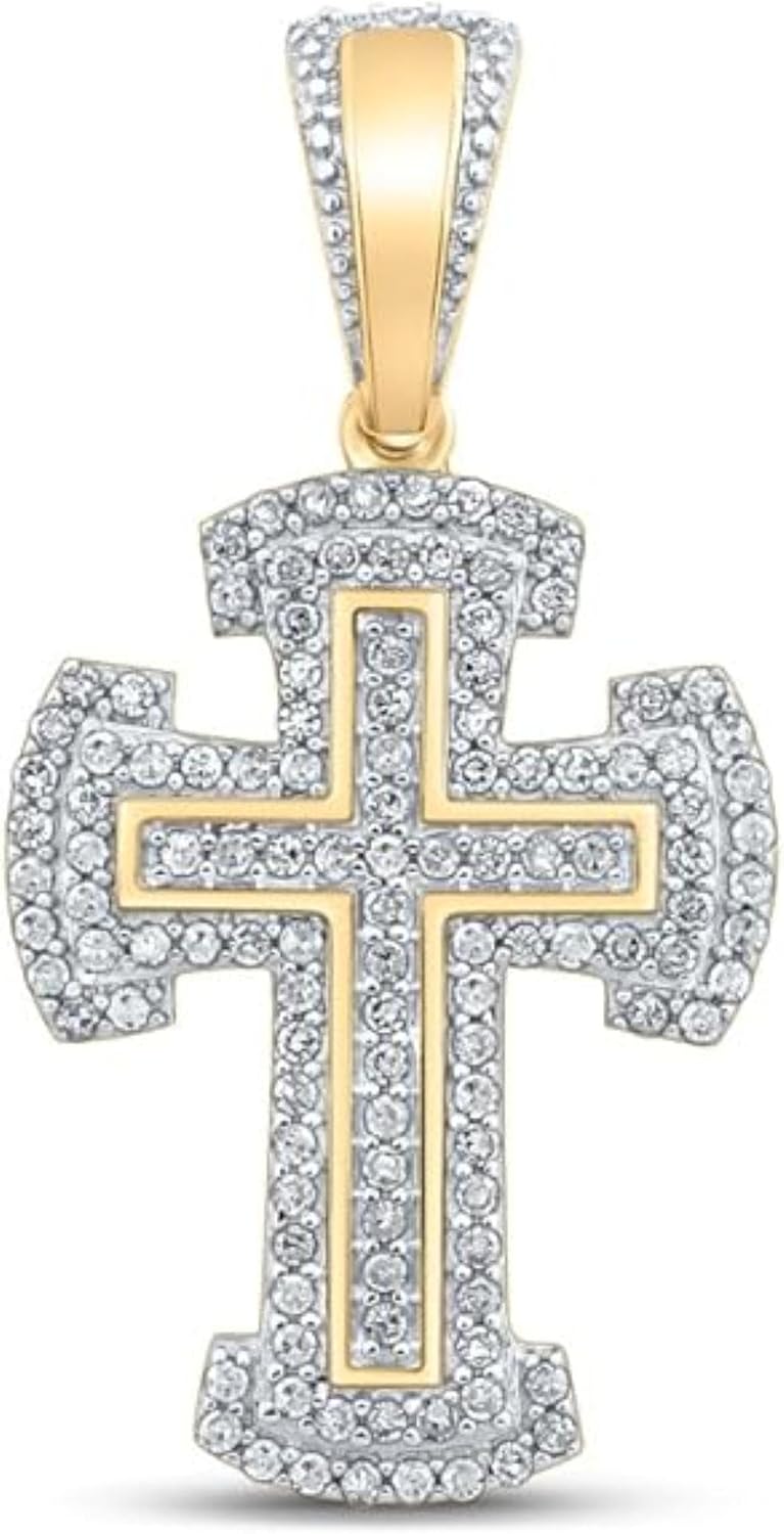 Handmade Real 925 Sterling Silver 14K Yellow Gold Plated Round Cut White Diamond Gothic Double Cross 2.5 Inches With Bail Pendant Jewelry Gifts