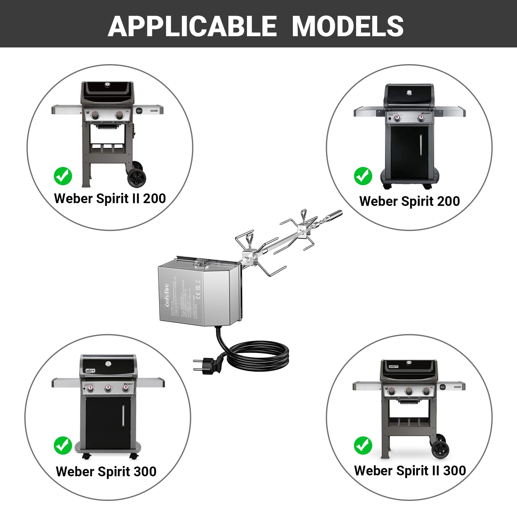 Onlyfire Asador Eléctrico Giratorio de acero inoxidable para Barbacoa para Weber Spirit I/II 200 & 300 Serie Gasgrills, Asador Juego de Brochetas con Motor