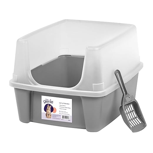 Litter Genie Large Cat Litter Box with Scatter Shield and Scoop, Open Top High Sided Cat Litter Pan, Gray