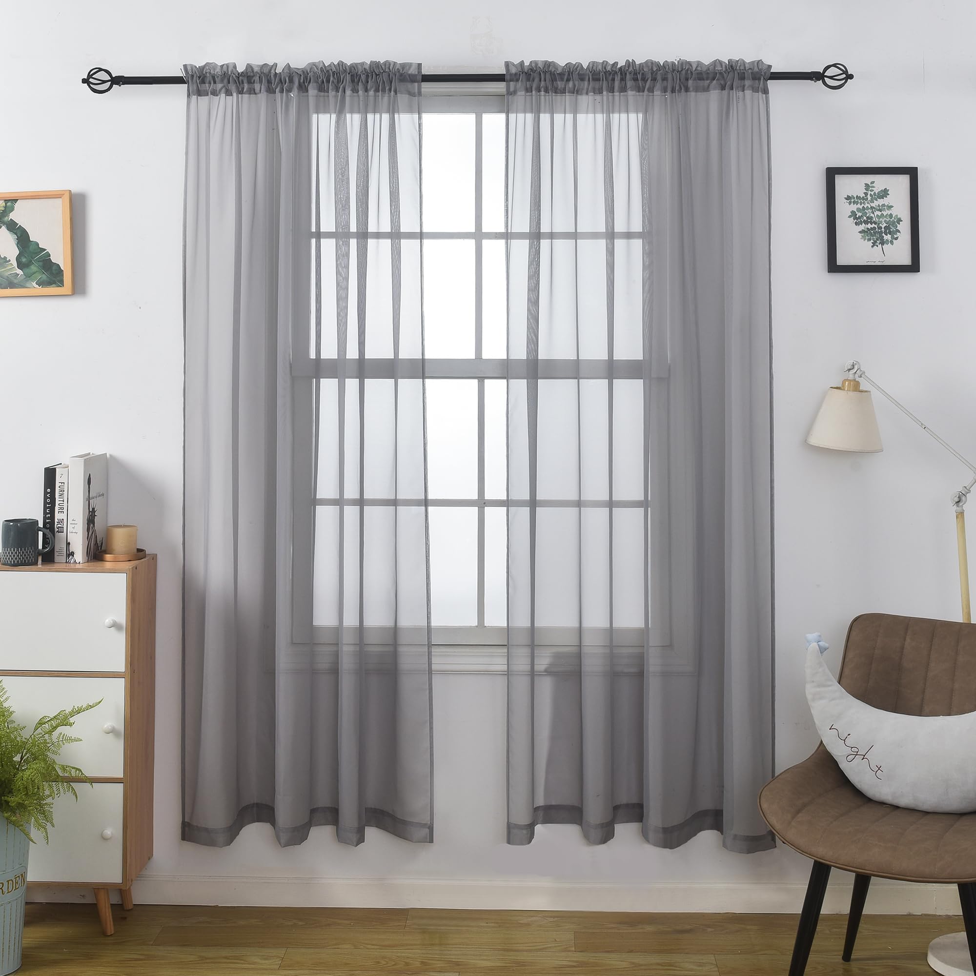 Cortinas de gasa gris de 137x203 cm con bolsillo para barra y alzapaños