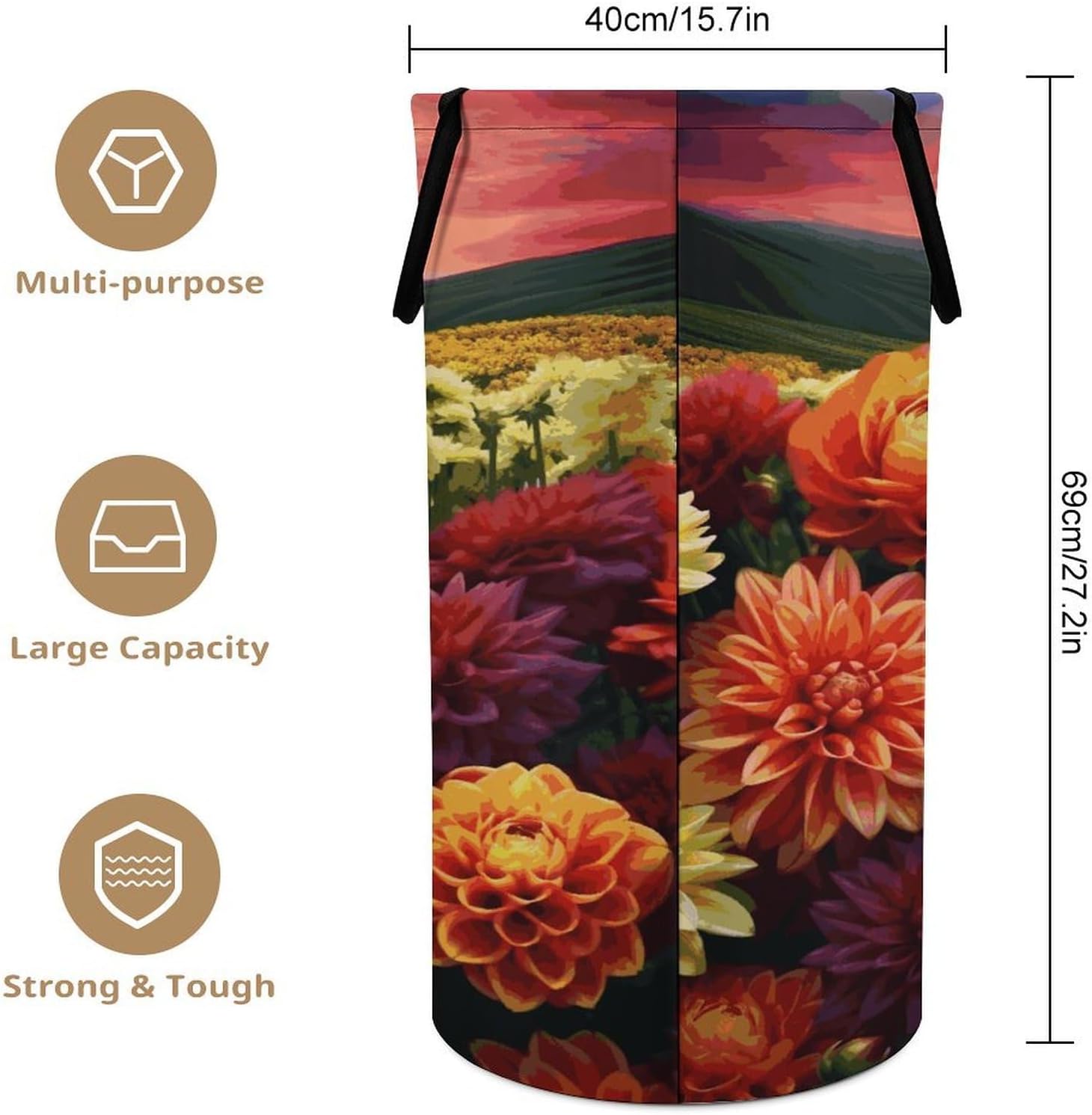 Large Laundry Hamper with Handles Beautiful Colorful Flowers Laundry Basket Freestanding Waterproof Clothes Hamper for Living Room Bedroom Bathroom College Dorm