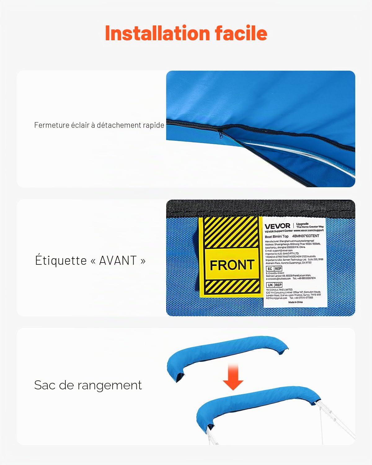 VEVOR Bimini pour Bateau à 4 arceaux, 243 cm, taud de Soleil imperméable avec Toile en Polyester 600D, Pare-Soleil, Sac de Rangement, Compatible avec Les Bateaux de Large 213-244 cm, Bleu Pacifique