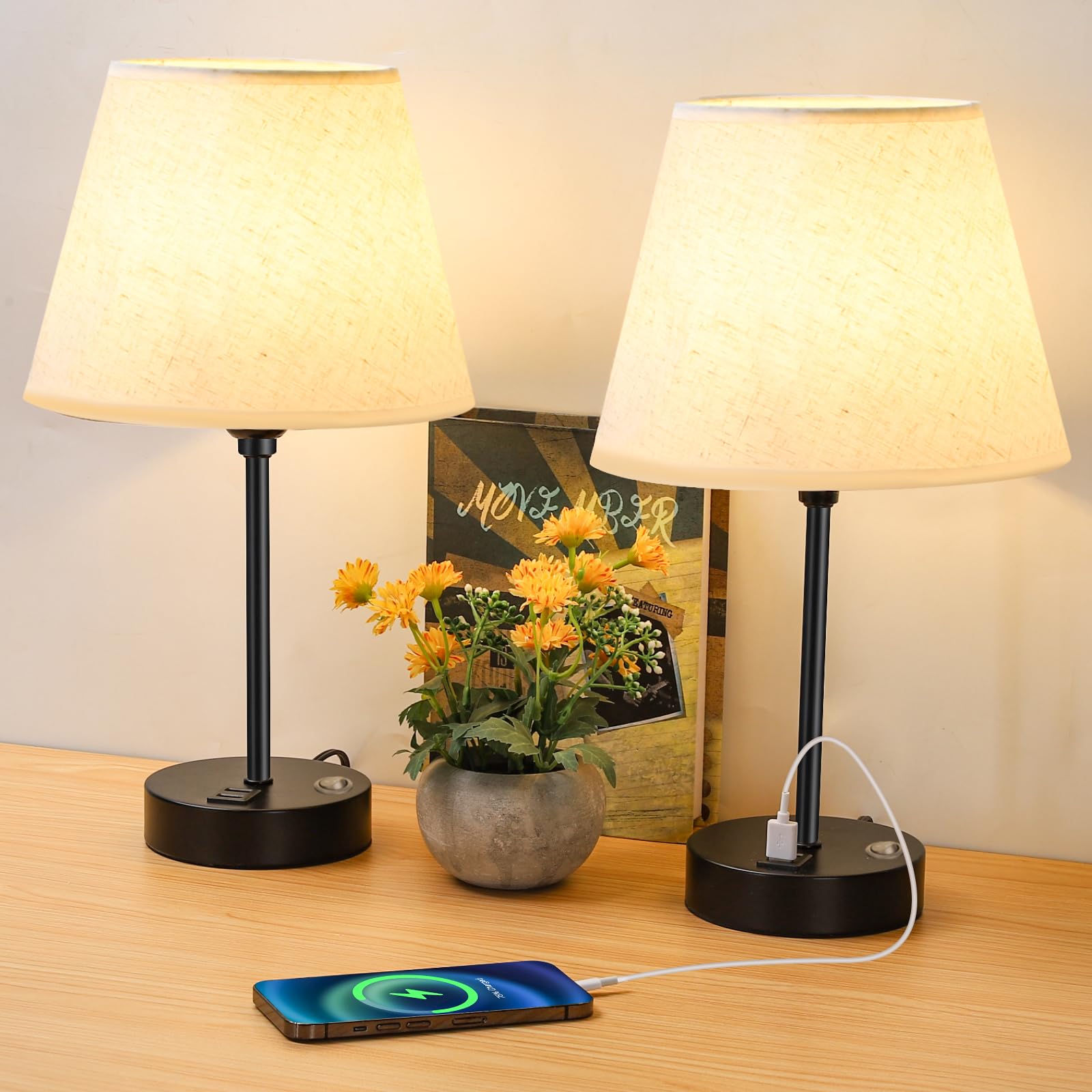 UOMIO Bedside Table Lamps Set of 2 Desk Lamps with 2 USB Charging Ports, Small Table Lamps with Line Lampshade for Living Room Bedroom, Metal Base & E27 Bulb Base, Push Button Switch (No Bulb)