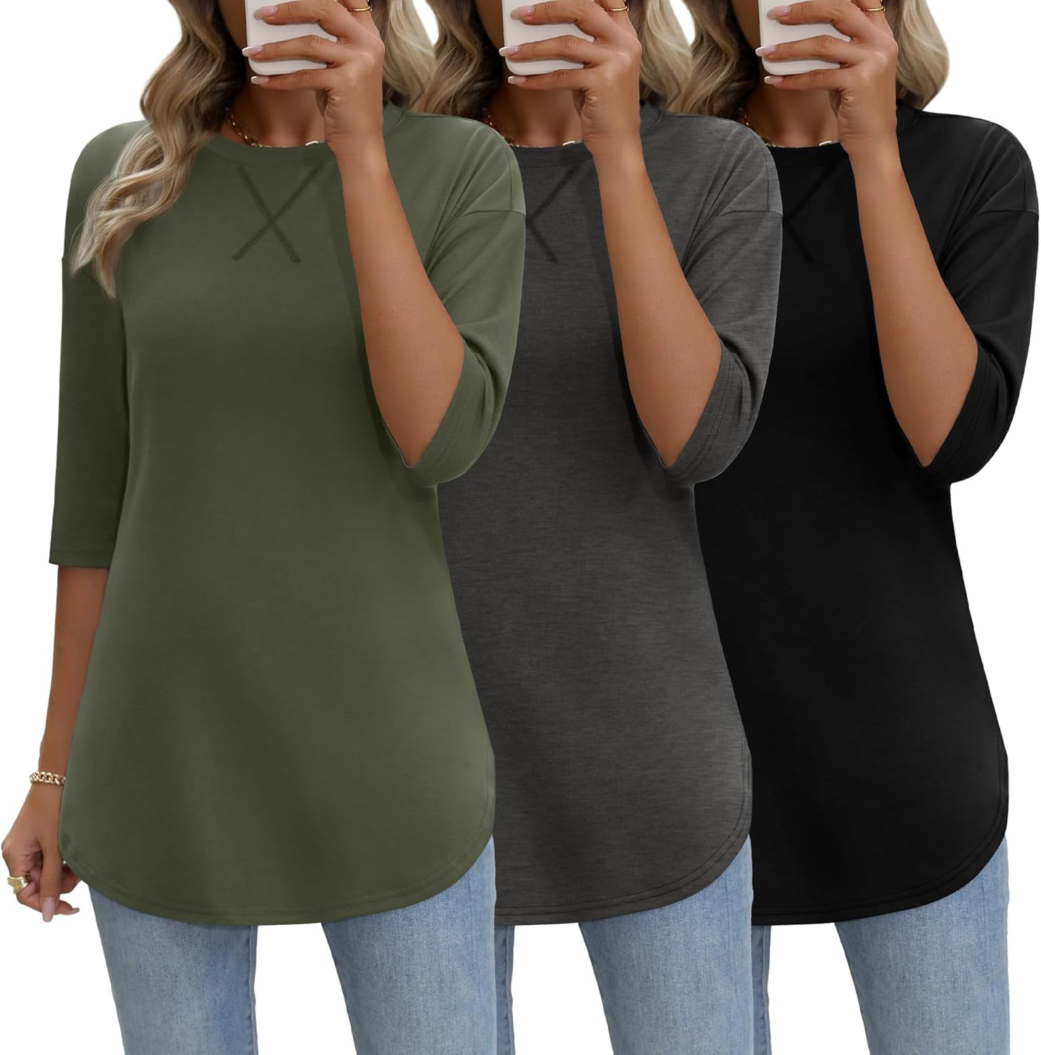 Riyiper 3 Pack Elbow Length Tee Shirts for Women 3/4 Sleeve Tunic Tops Round Neck Curved Hem Leggings Blouse