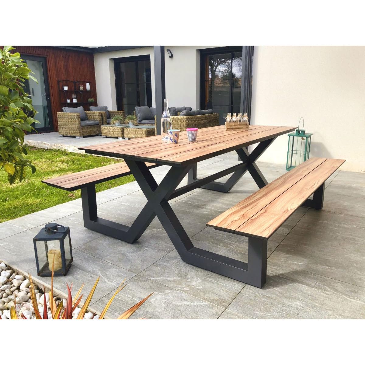 Table de Jardin & 2 Bancs Vancouver 210cm Gris Anthracite