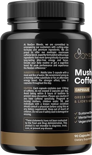 Miniatura 9 de Cápsulas de café de hongos 100% orgánicos, suplemento energético natural con 130 mg de cafeína de extracto de café verde y guayusa patentados