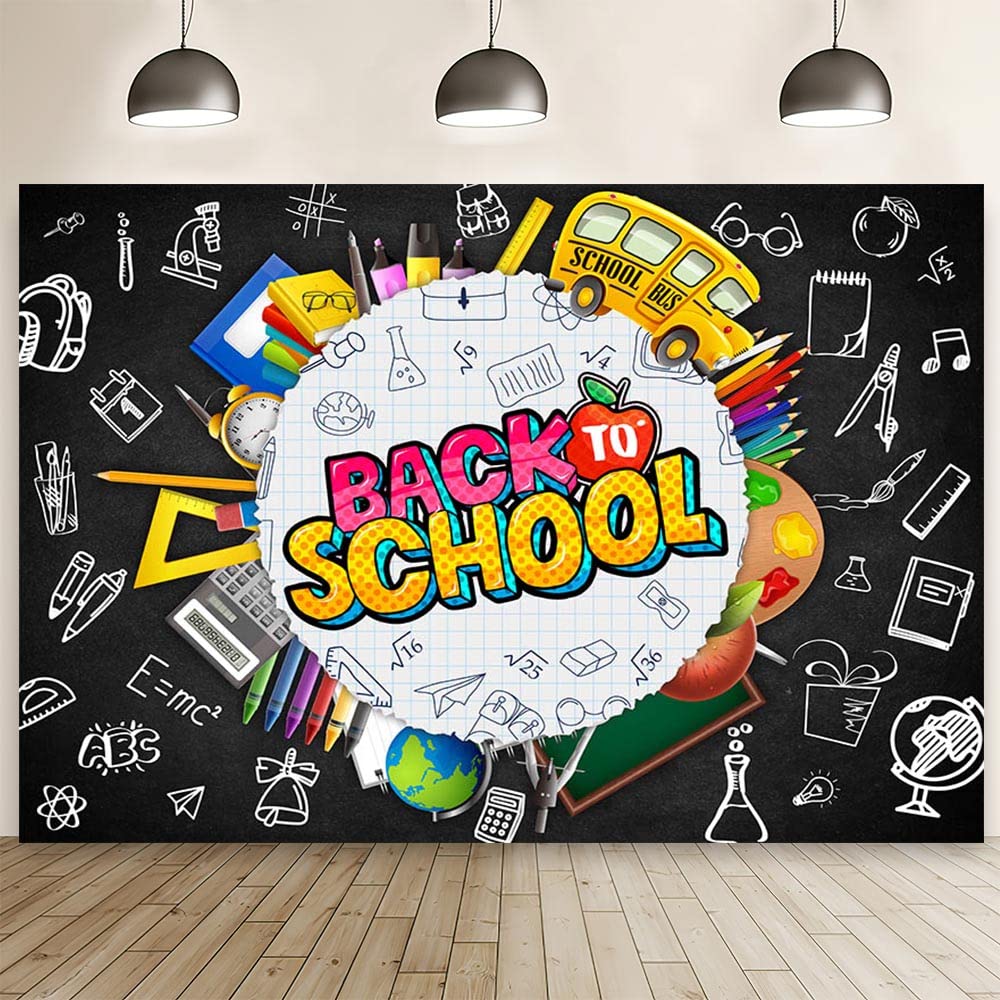 MEHOFOND 8x6ft Back to School Backdrop Student Teacher Blackboard Notebook Banner for Classroom Welcome Back to School Bash Photography Background Chalkboard Stationery Decorations Photo Props