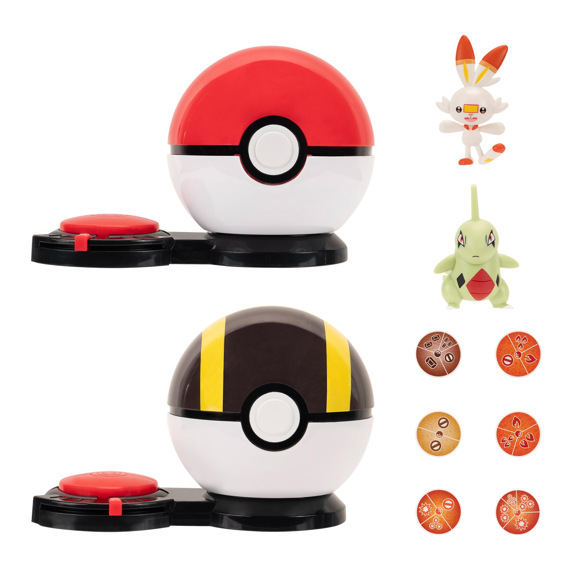 PokémonSurprise Attack Game - 2-Inch Larvitar and Scorbunny with Poké Ball and Ultra Ball plus 6 Attack Discs
