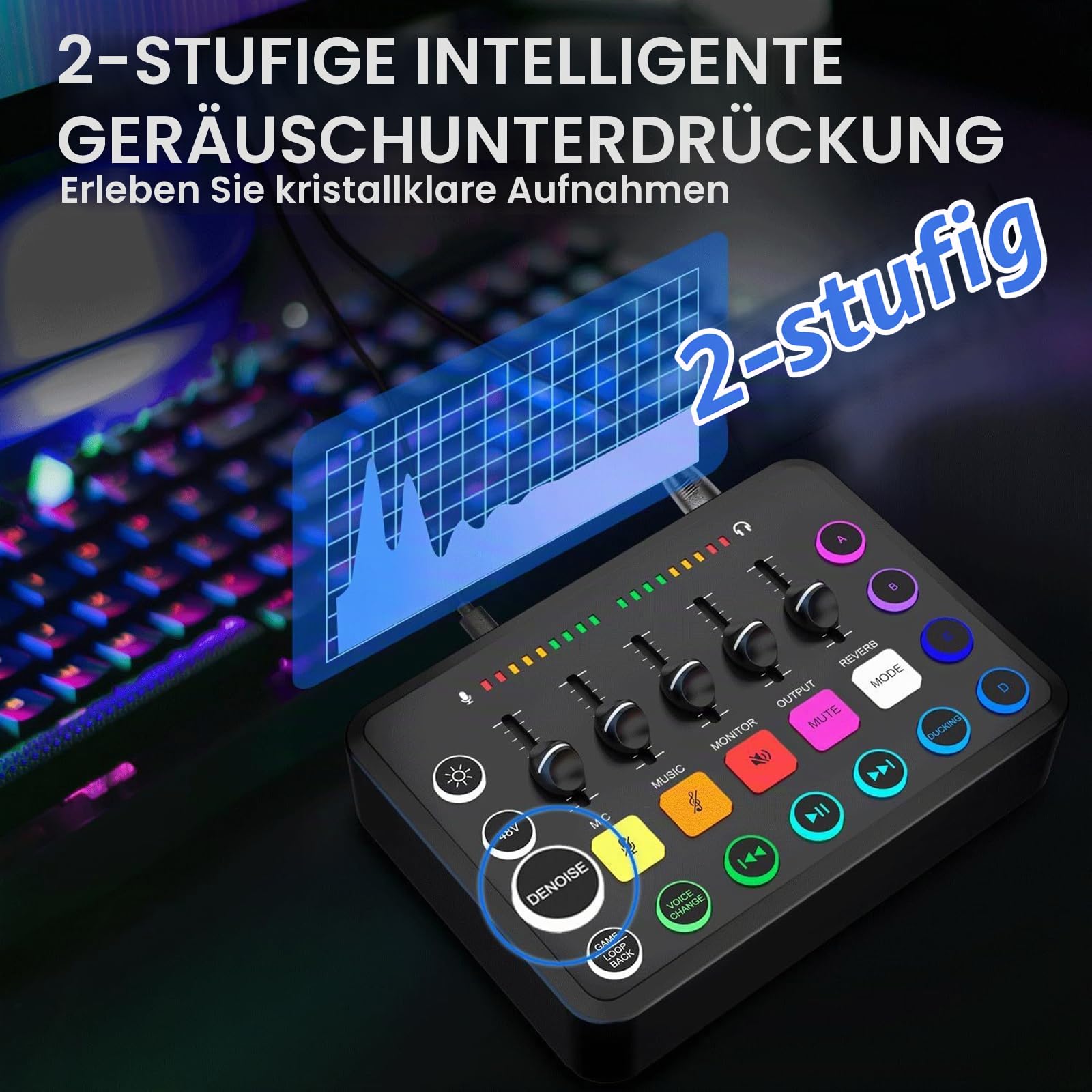 NEWFUN Audio Mixer, Soundboard, Mischpult für pc,Inklusive Audiomixer und BM800-Mikrofon, RGB-PC-Mixer für Streaming, DIY-Soundeffekte, Lautstärkeregler für Podcasting, Aufnahmen und Gesang