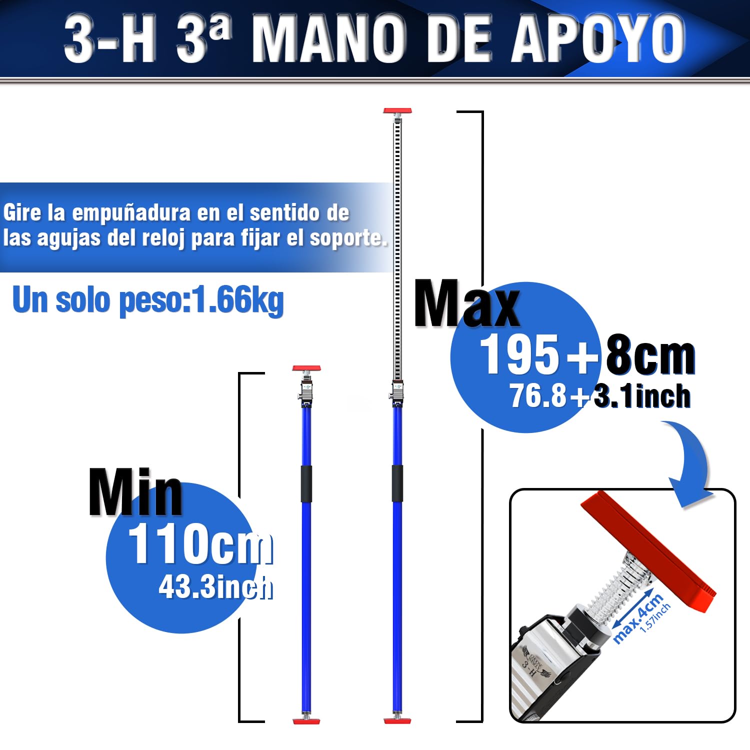 3-H Puntales Extensibles Reforzados 4 Pieza,110-203cm Puntal Telescopico Extensible Acero Robusto Carga 45KG Puntales de Obra Ajustable Puntal Expansion Telescopico para Techo Construcción Obra(Azul)