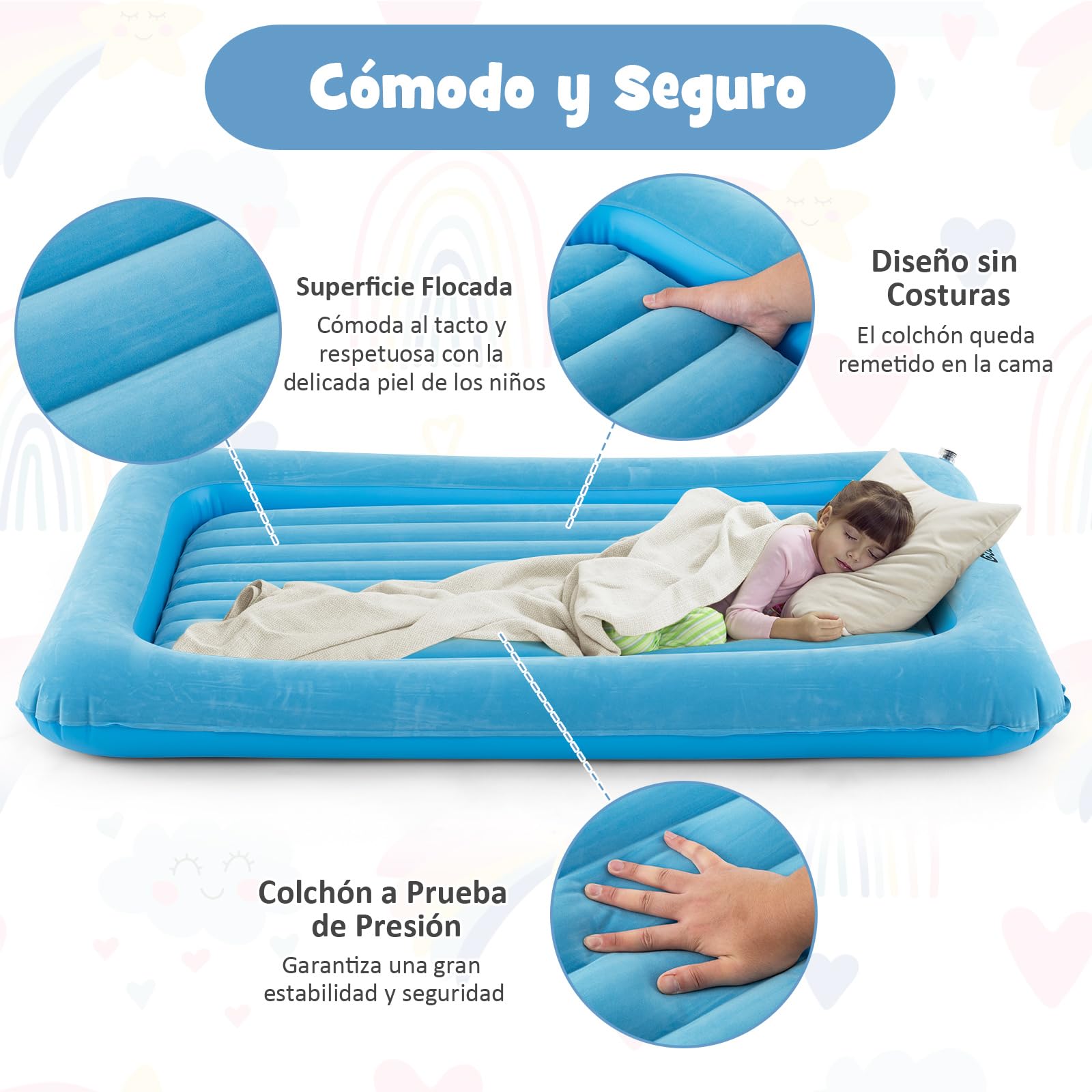 COSTWAY Colchón Inflable de Viaje para Niños, Colchón Portátil con Bomba Eléctrica, Cama Hinchable con Bordes Elevados y Colchón de Doble Cara para Habitación Infantil, Dormitorio (Celeste)