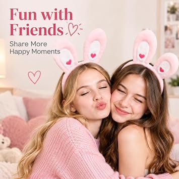 Pink Bunny Ear Headband with Glitter Hearts for Women, Plush Hair Band