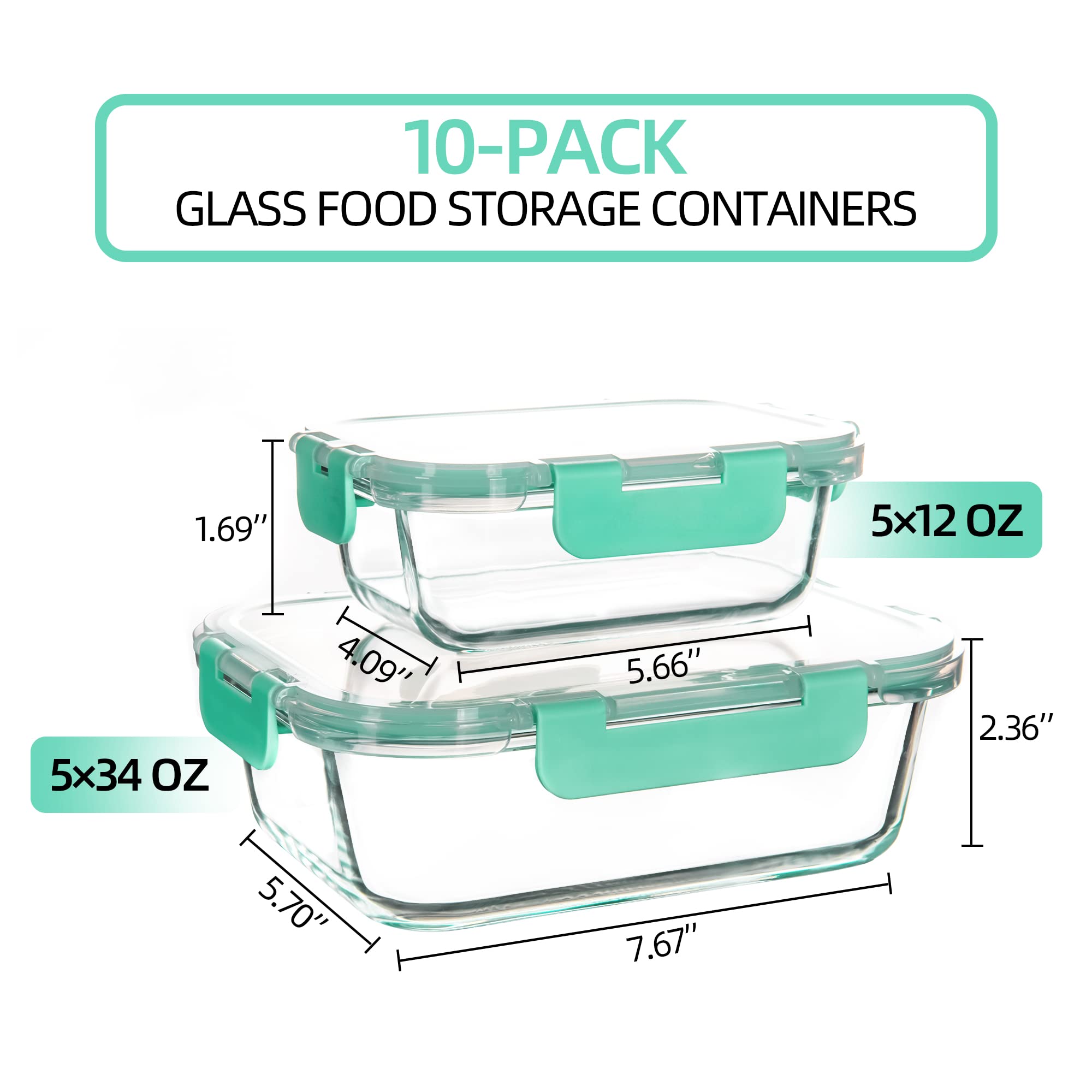 10 Pack Glas Lebensmittel Lagerung Container, luftdicht Mahlzeit Prep Container mit Deckel, Glas Mittagessen Container, Mikrowelle/Geschirrspüler sicher, Hellgrün
