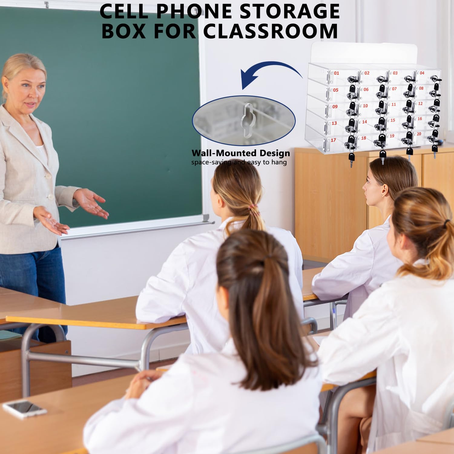 Caja de almacenamiento personal para teléfono móvil con 20 material acrílico diseño con cerradura almacenamiento para teléfono móvil con ranura para tarjetas para uso en el aula