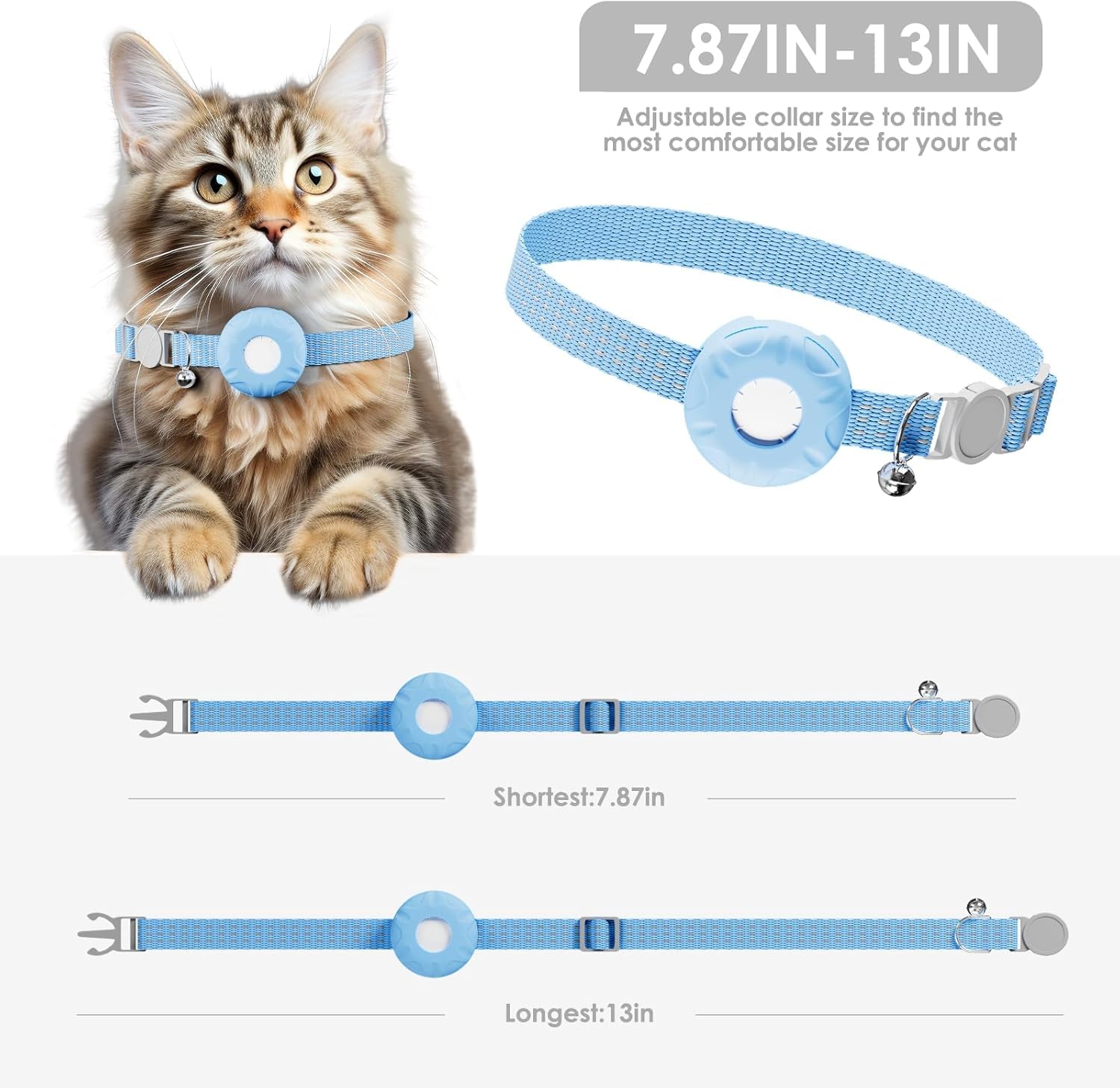Collier de suivi pour chat avec étiquette de localisation et support de suivi, pas de frais mensuels, compatible avec Apple Find My (iOS uniquement), bande réfléchissante avec clochette (bleu)