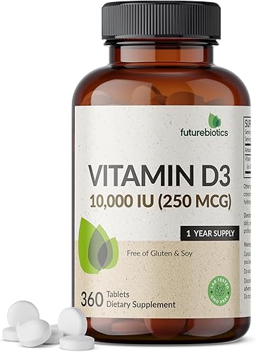 Futurebiotics Vitamina D3 10,000iu (250 mcg) Suministro de 360 días para una función muscular saludable y apoyo inmunológico, sin OMG, 360 tabletas
