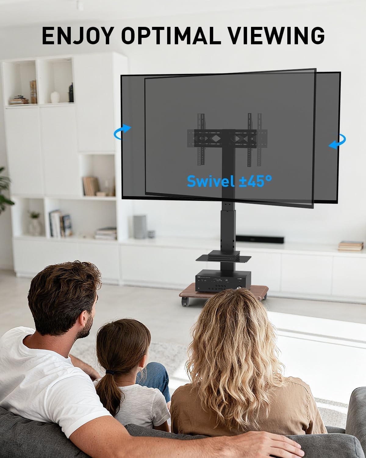 Heavy Duty 32 to 75 Inch Mobile Rolling TV Floor Stand Holds up to 132 lbs, TV Cart with Glass Shelf, Height Adjustable Portable TV Stand with Locking Wheels, Max VESA 600x400mm, Black