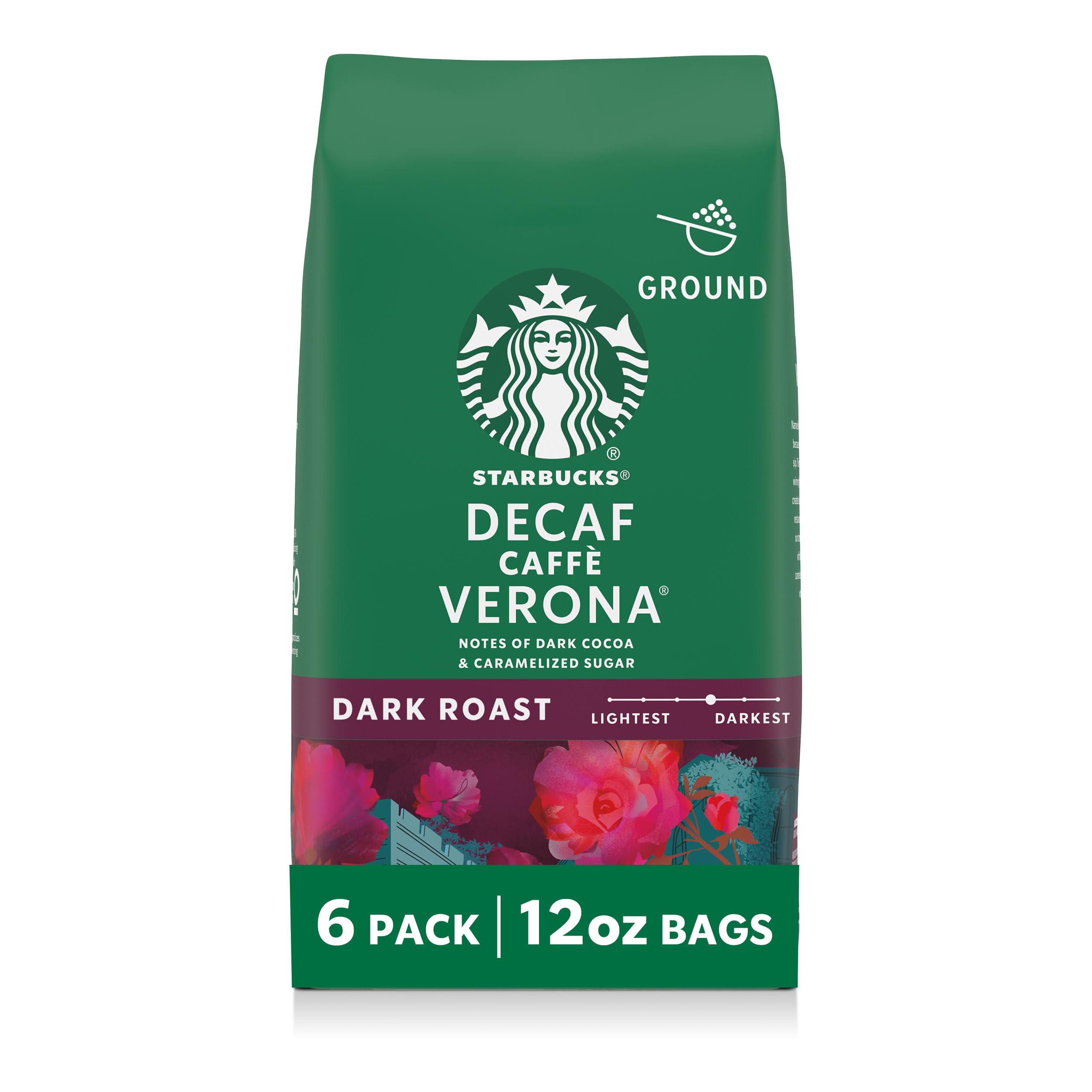 Starbucks Ground Coffee, Dark Roast Hot or Iced Coffee, Decaf Caffè Verona, Six 12 oz Bags