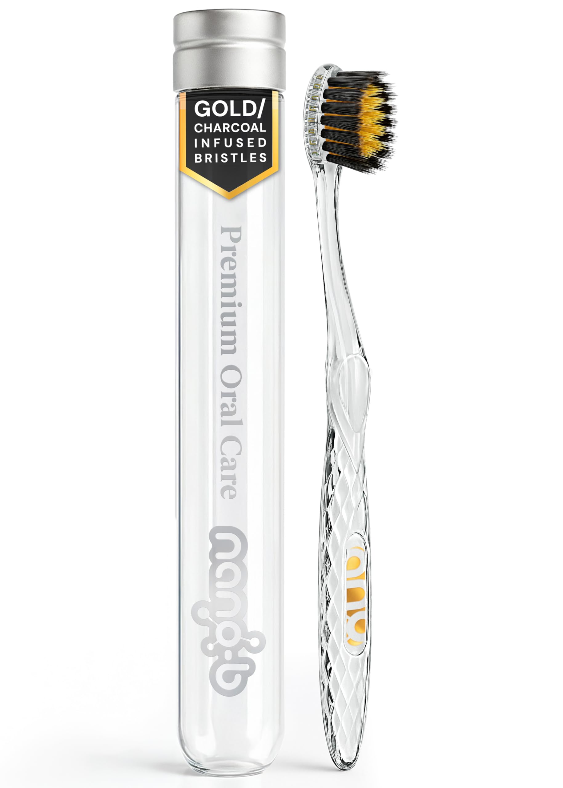 Nano-b Manual Toothbrush for Adults with Sensitive Gums, Gold & Charcoal Soft/Medium Bristles, Travel Case, Crystal