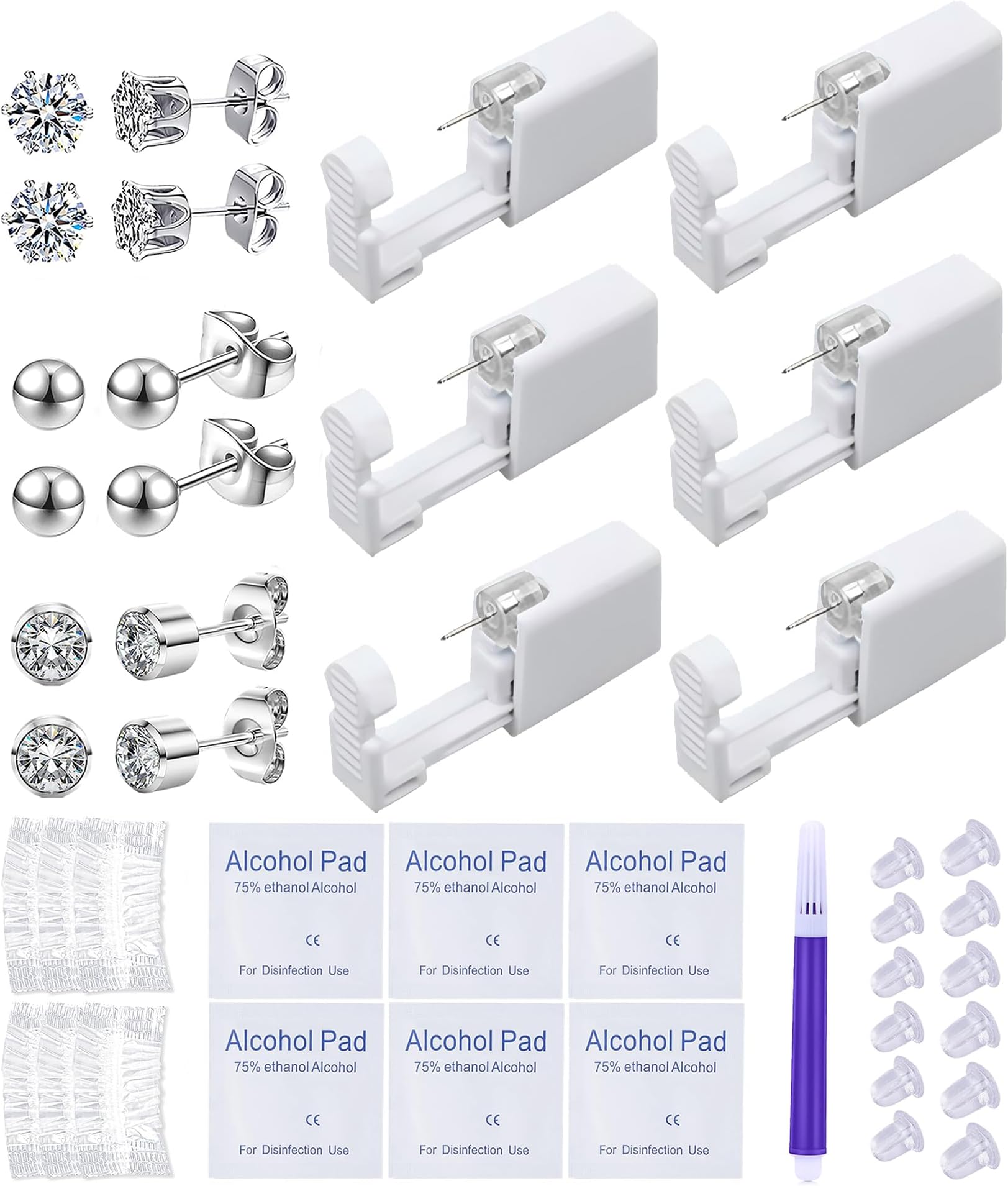 VitaCool Ear Piercing Kit Disposable Ear Cartilage Piercing Gun Kit with Sterile 4mm CZ Ball Studs Easy and Safe Earring Self for Yourself Use at Home(Silver Mixed Patterns 4mm)