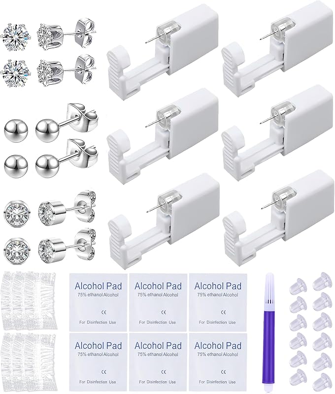 Kit descartável para piercing de orelha VitaCool com 6 pistolas e brincos prateados de 4 mm