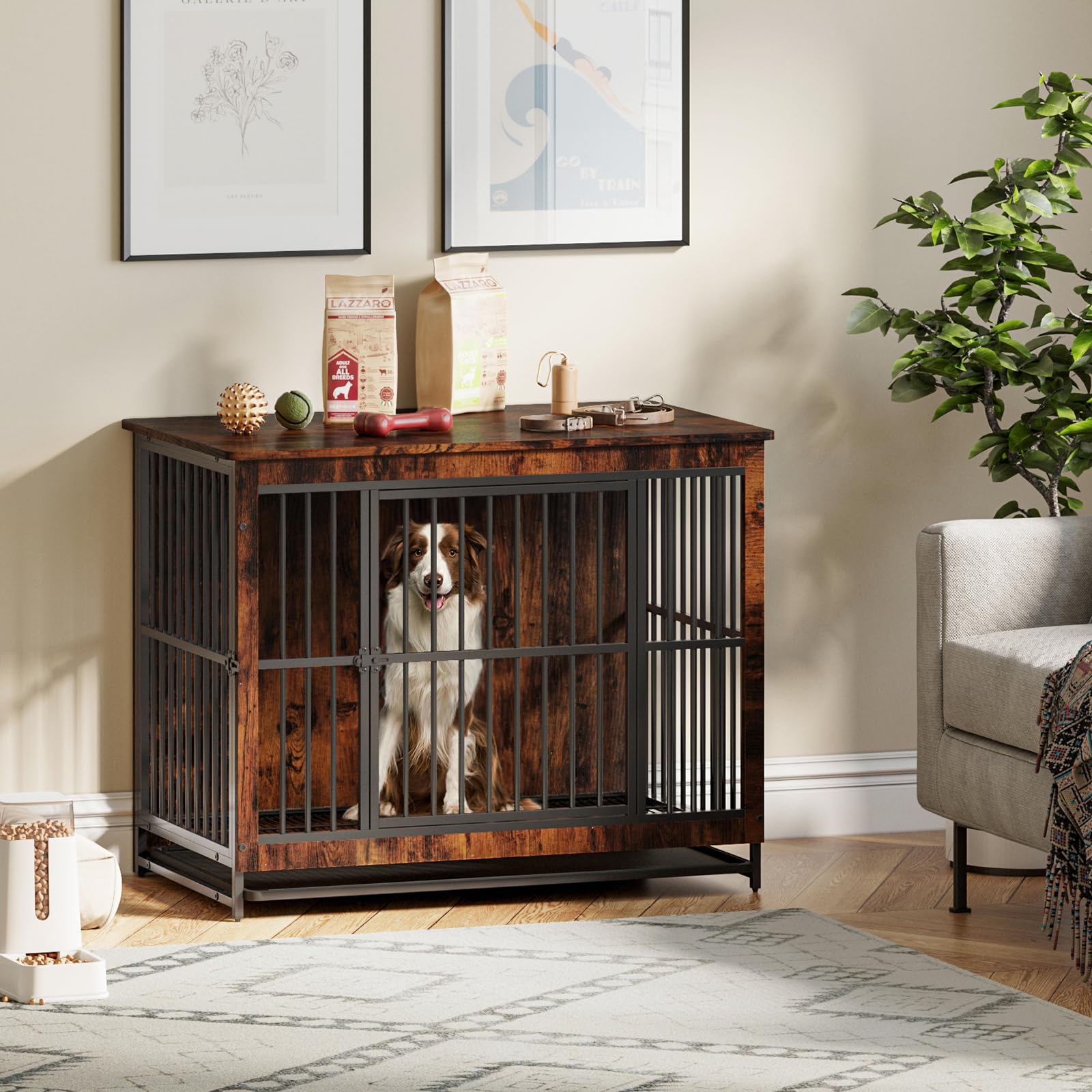 Hello-5ive Grande cage pour chien en bois avec double portes, niche d'intérieur robuste avec plateau amovible pour chiens de petite, moyenne et grande taille, table d'appoint d'appoint, 97,5 x 59 x