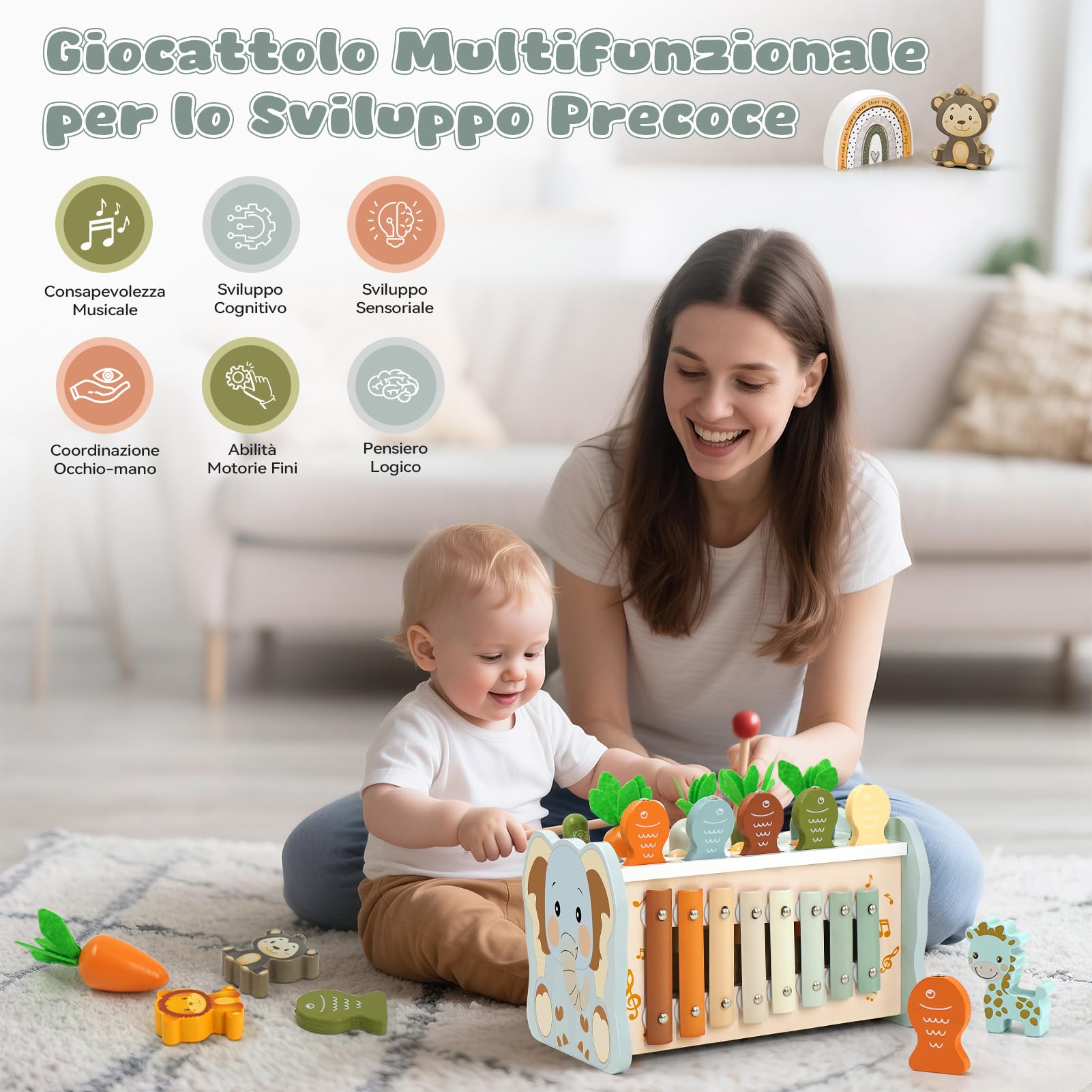 Almaxi Giochi Montessori 1 Anno, 6 in 1 Giochi Legno Bambini 1 Anno, Giocattoli Bambino con Acchiappa La Talpa, Giochi Pesca, Xilofono Bambini, Regalo Bambino Bambina 1 2 3 Anni Compleanno Natale