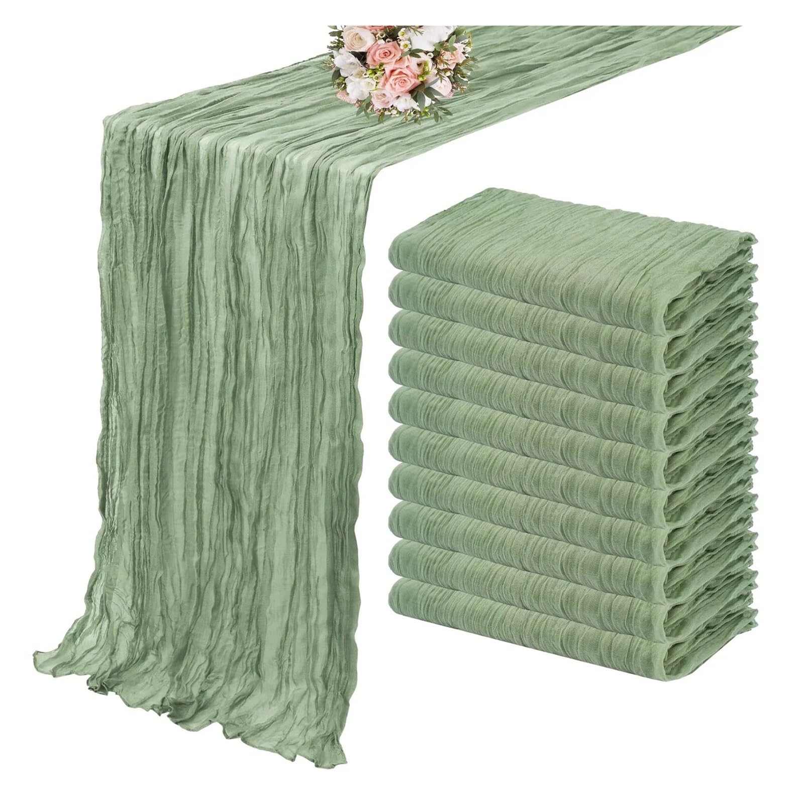 Chiffon Table Runner 10PCS Green Gauze Table Runner Setting Dining Wedding Party Banquets(10Pcs sage,90X180cm)