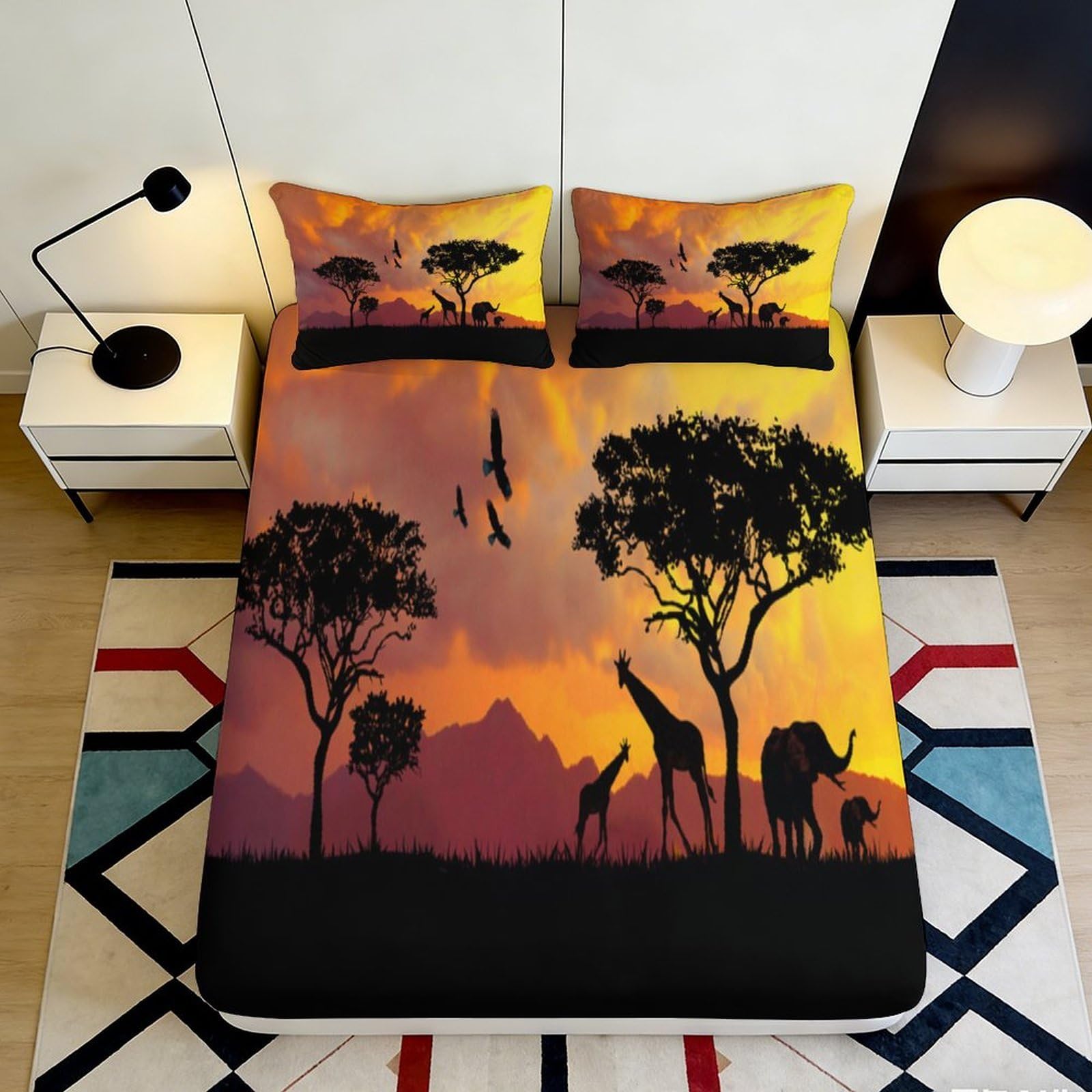 Pnayamiorkfel Style-8 3D Printed African Sunset Fitted Sheet Microfiber Soft Breathable Safari Animal Mattress Cover For Bedroom Guest Room Decor 90X200x25cm