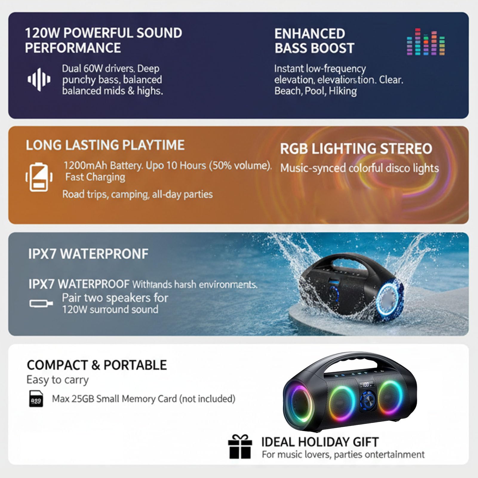 Cryfokt Wireless Party Speaker with Enhanced Bass Boost | Illuminazione dinamica, impermeabile IPX7, batteria 12000mAh, ideale per uso esterno
