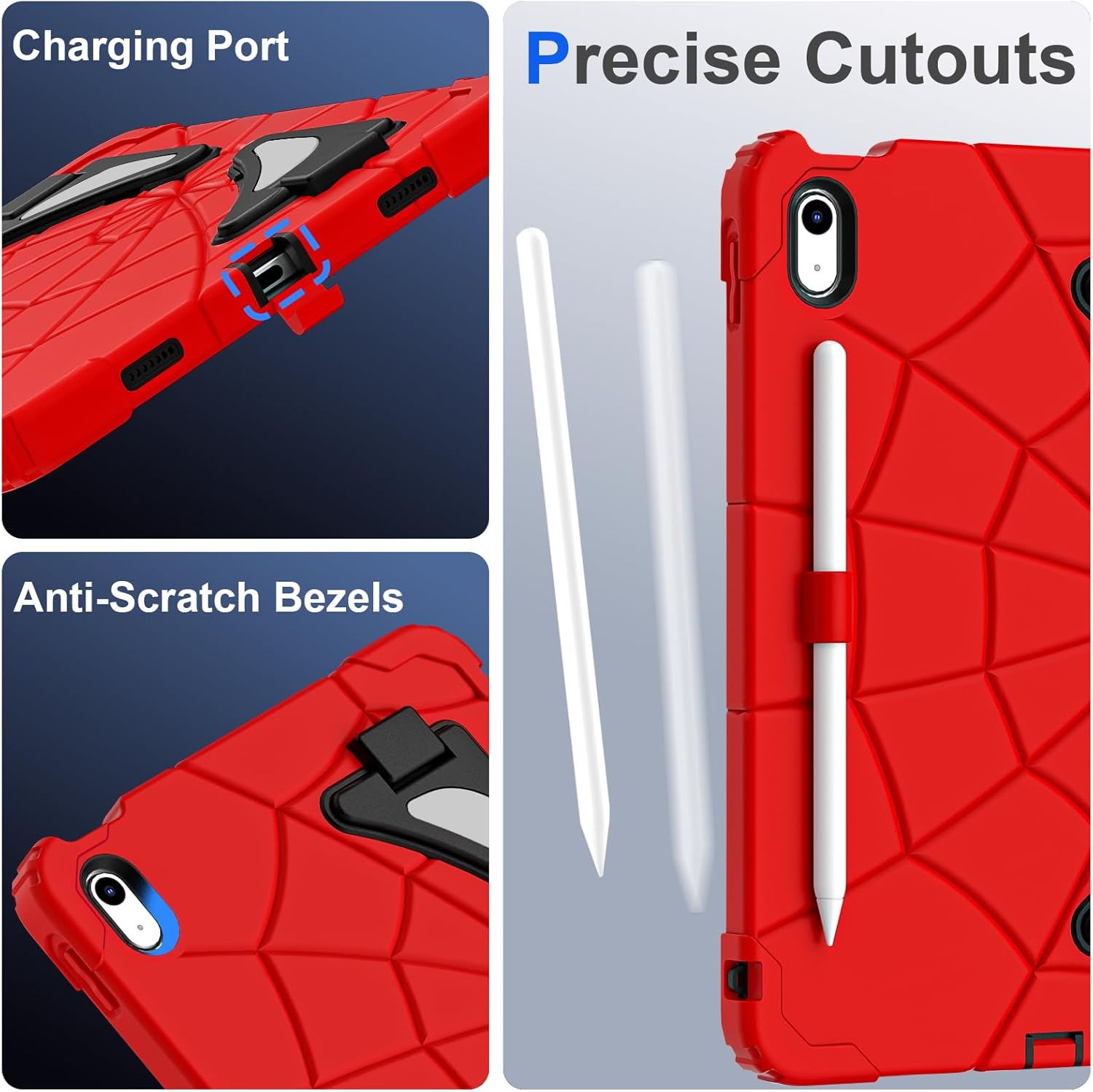 Kids Case for iPad 10th/11th Gen (10.9/11 Inch 2022/2025 A16) – Shockproof 360° Full-Body Protection Cover with Screen Protector, Stand & Pencil Holder – Boys’ Anti-Drop Design-RED Black