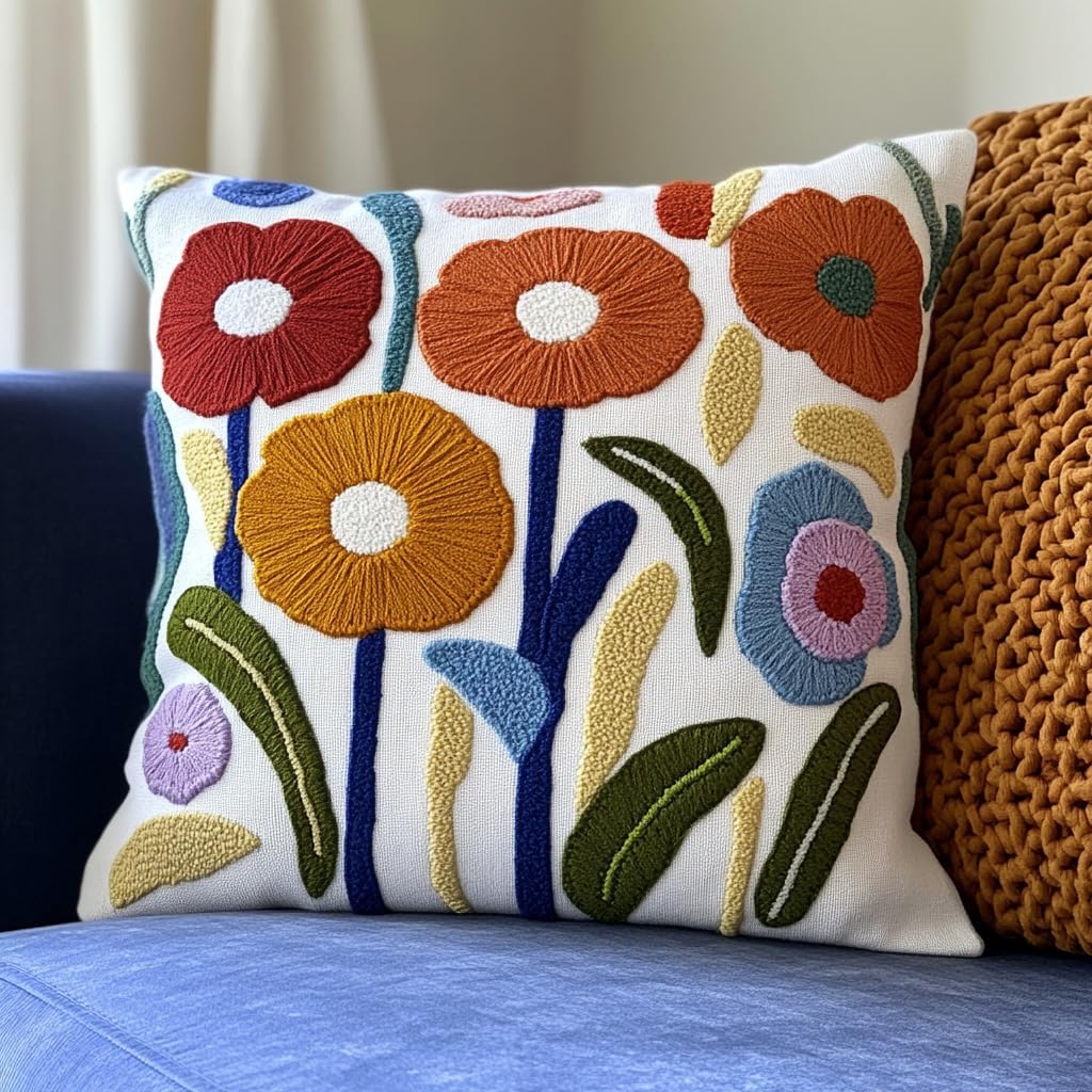 DIY Punch Needle Pillow Kit Dandelion Flowers with Pattern and Hoop Handmade Embroidery Punch Needle Starter Pillowcase Set for Home Sofa Decor 43x43cm-1-1