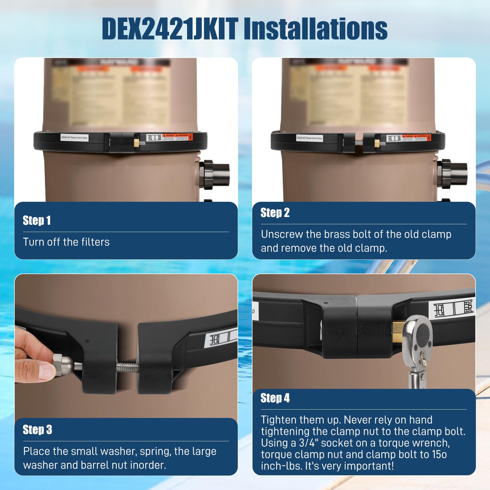 Anrain DEX2421JKIT - Abrazadera de control de tensión compatible con filtros Hayward Swim-Clear y Hayward Pro-Grid, DEX2421JKIT abrazadera de filtro de cartucho con sello de tanque