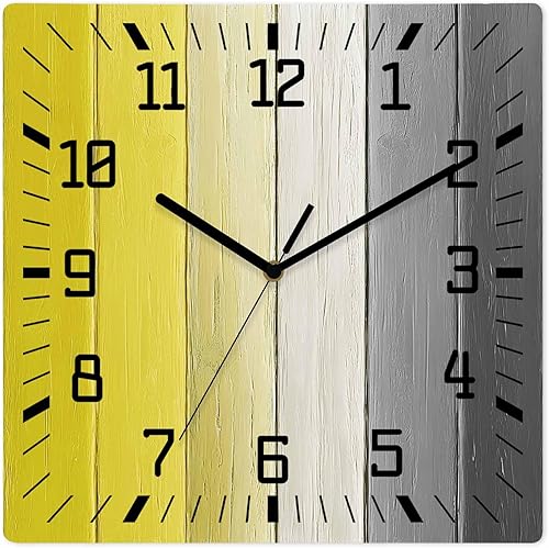 Reloj de pared de madera amarillo negro blanco silencioso, sin tictac, color granja, reloj de pared cuadrado de madera degradado, funciona con