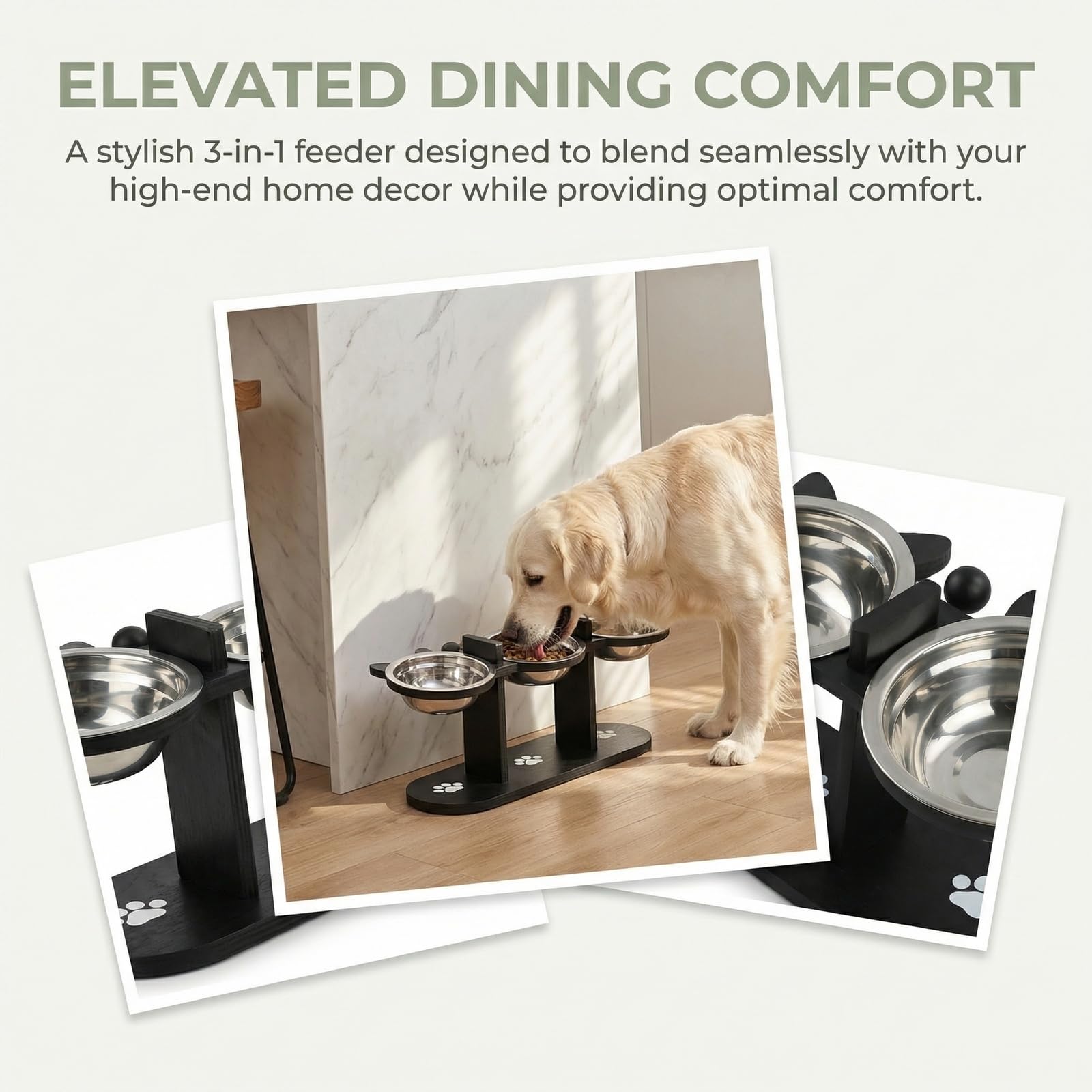 Comedero Gato Elevado,Comedero Perro de Acero Inoxidable, 3x300ml Comederos y Bebederos,con Soporte de Bambú,Altura Ajustable,Inclinación de 15°,para Gatos y Perros pequeños (Negro)