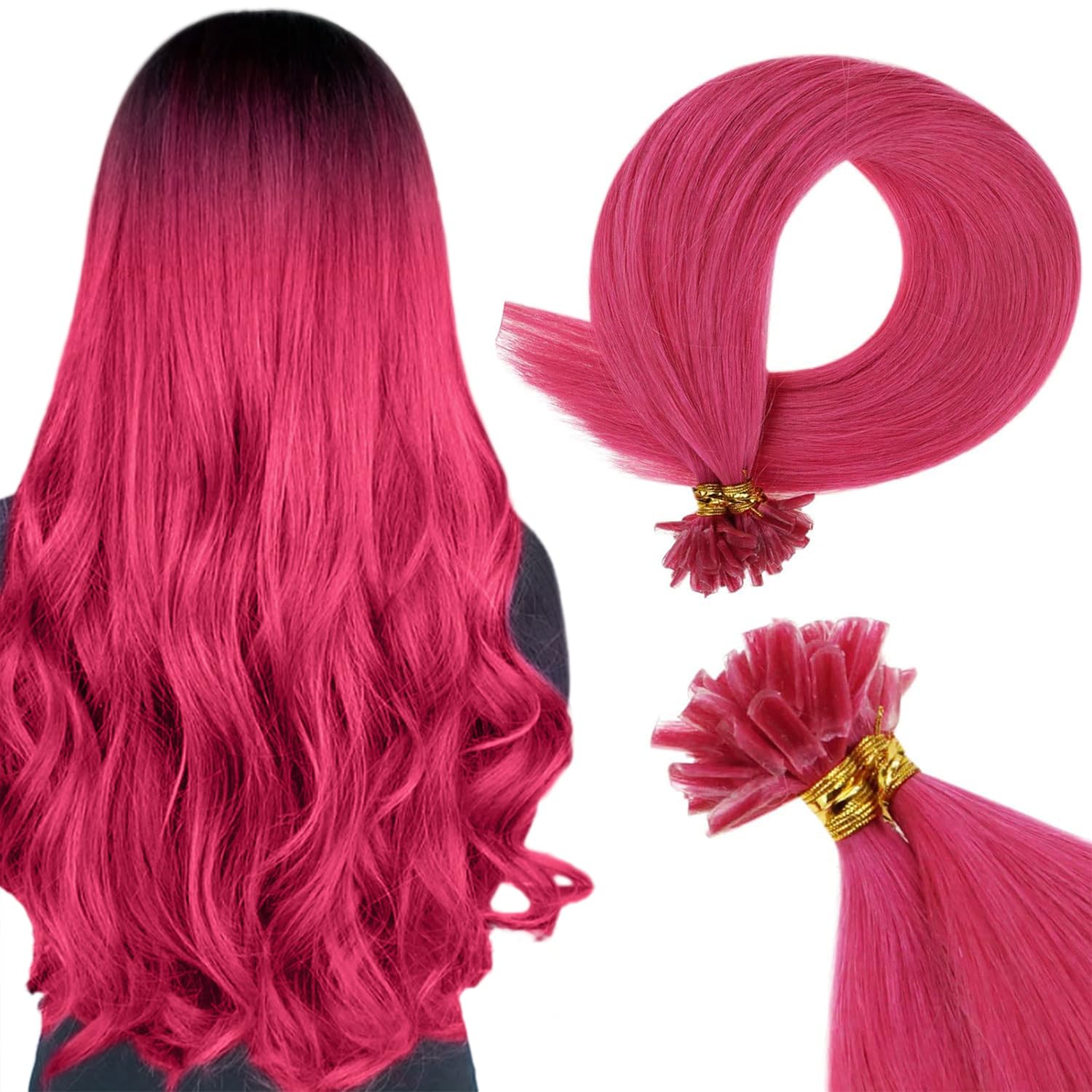 RUNATURE U Tip Hair Extensions Real Human Hair HotPink Fusion Hair Pink U Tipped Hair Extensions Human Hair 18 Inch 25 Gram