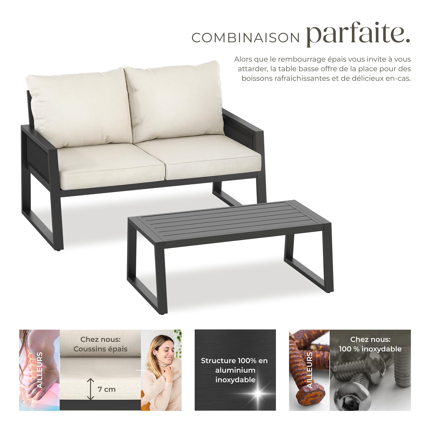 Tectake Salon de Jardin Canapé 2 Places Banquette Table Basse Coussins Inclus Cadre Aluminium laqué époxy Mobilier Exterieur