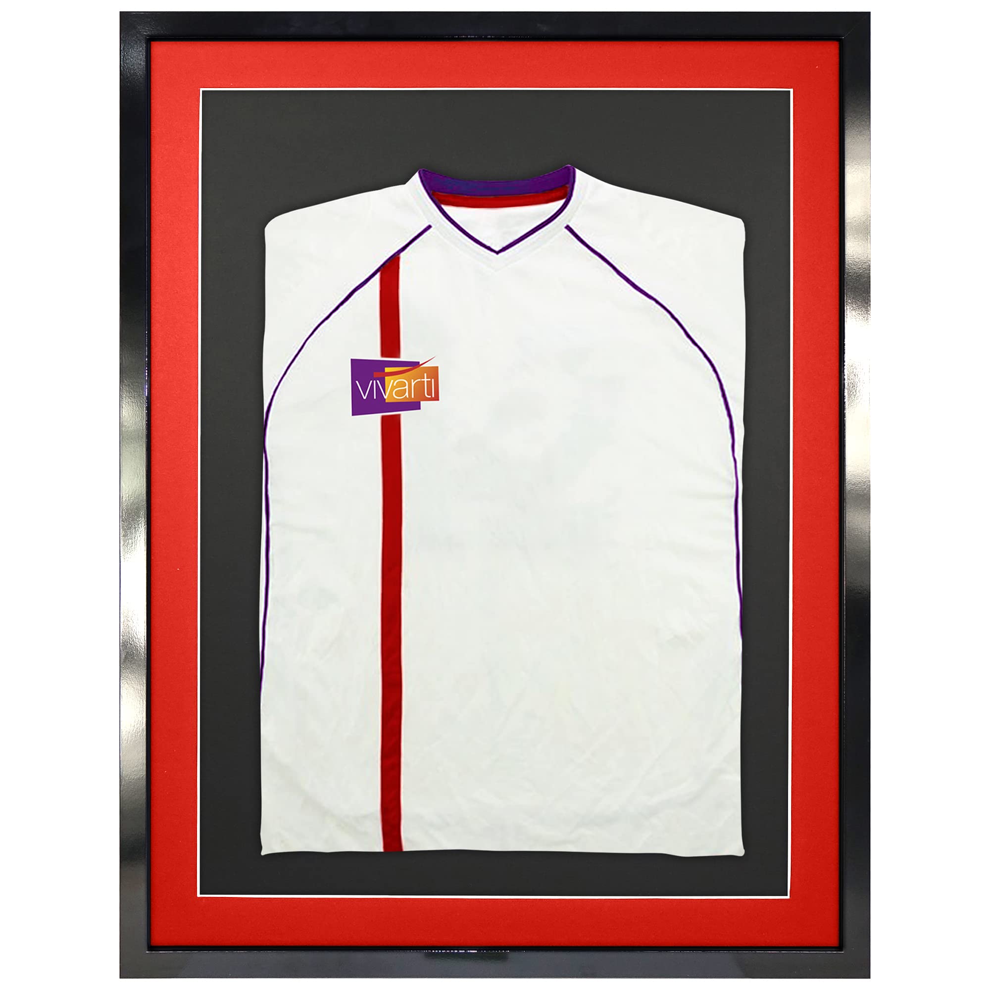 Vivarti DIY 3D-Rahmen für Sport-Shirts, für Fußballtrikot, Rugby-Shirt, Band, T-Shirt, Schattenbox, 60 x 80 cm, glänzender schwarzer Rahmen, rotes Passepartout, schwarze Rückwand
