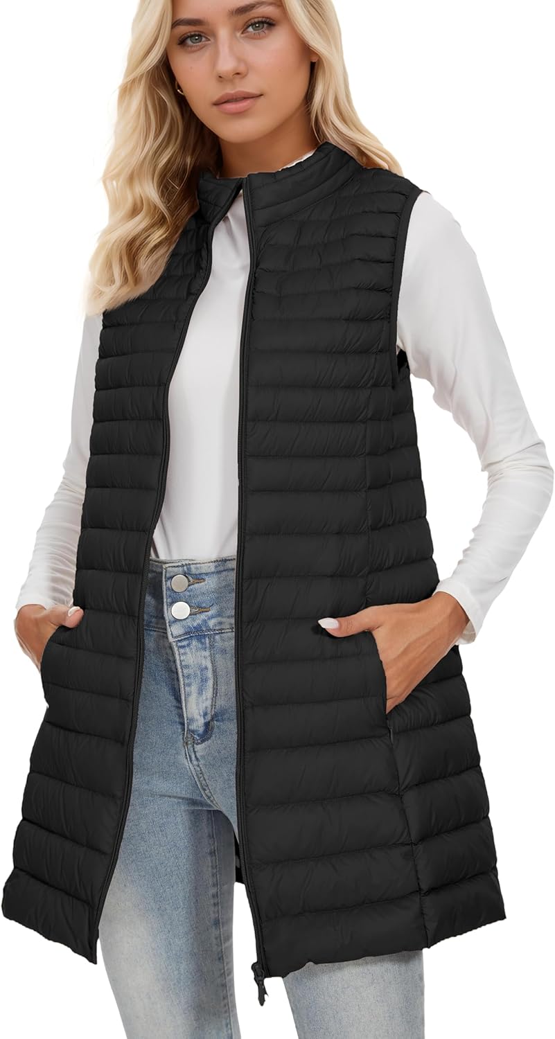 ELFJOY Long Puffer Vest Women Winter Ultra Light Long Down Vest with Stand Collar Black Womens Vests Outerwear - Image 4