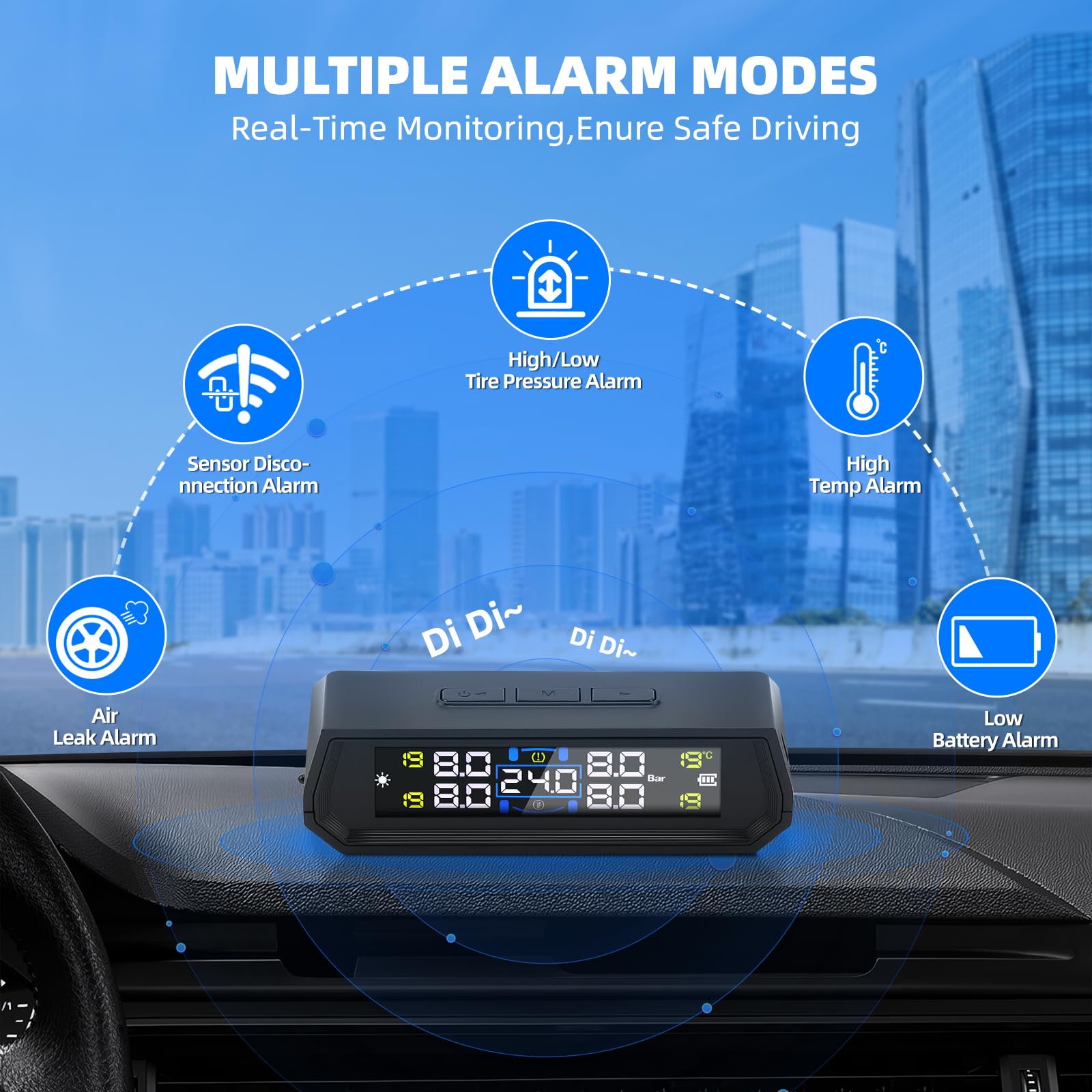 TPMS Sistema di Controllo Monitoraggio con 4 Sensori Esterni Pressione Gomme Auto con Allarme, 73Psi/99Psi, 5bar per Camper