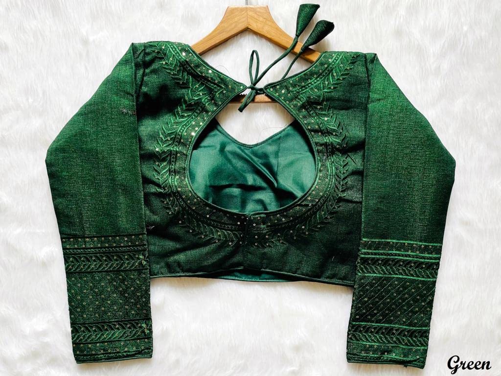 Pujia Mills Milan Silk Full Sleeve V Neck Multi Embroidery Trendy Saree Blouse(Rukmini Green 42)