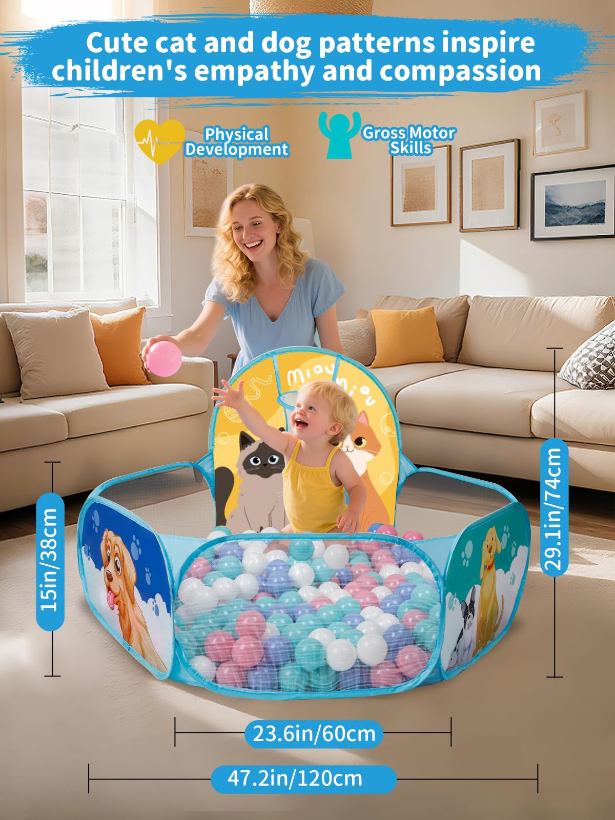 ZimiTeda Cat & Dog Kids Ball Pit for Toddler with Basketball Hoop Foldable Pop-Up Baby Ball Pool for Girls Boys Indoor & Outdoor Game 47.24"/120cm Wide Plyahouse Tent (Balls NOT Included) - Image 4