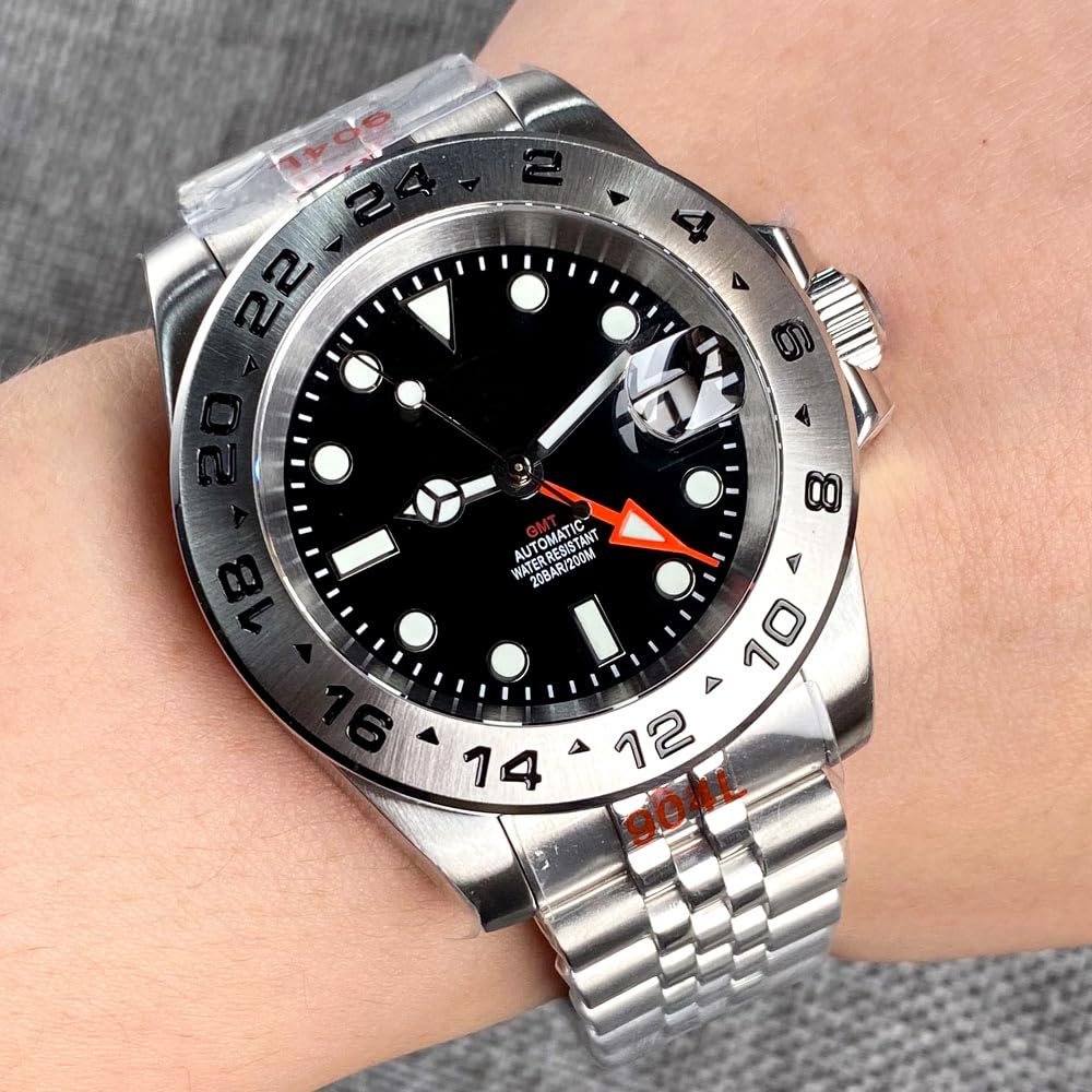 39 mm klassische NH34 Herren-Armbanduhr, automatisch, mechanisch, GMT, schwarzes Zifferblatt, Edelstahl, Saphirglas, wasserdicht