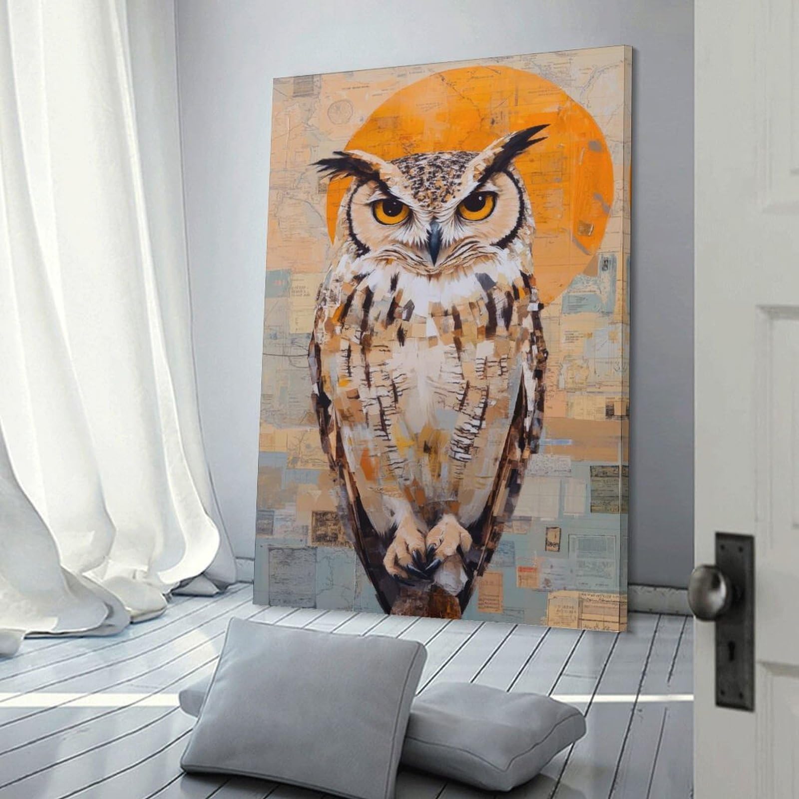 Junmoney Owl Portrait with Map Background Decorative Canvas Print, 20x30inch(50x75cm), for Gallery Wall Decor And Room Displays, Wall Decor Suited to Curated Displays