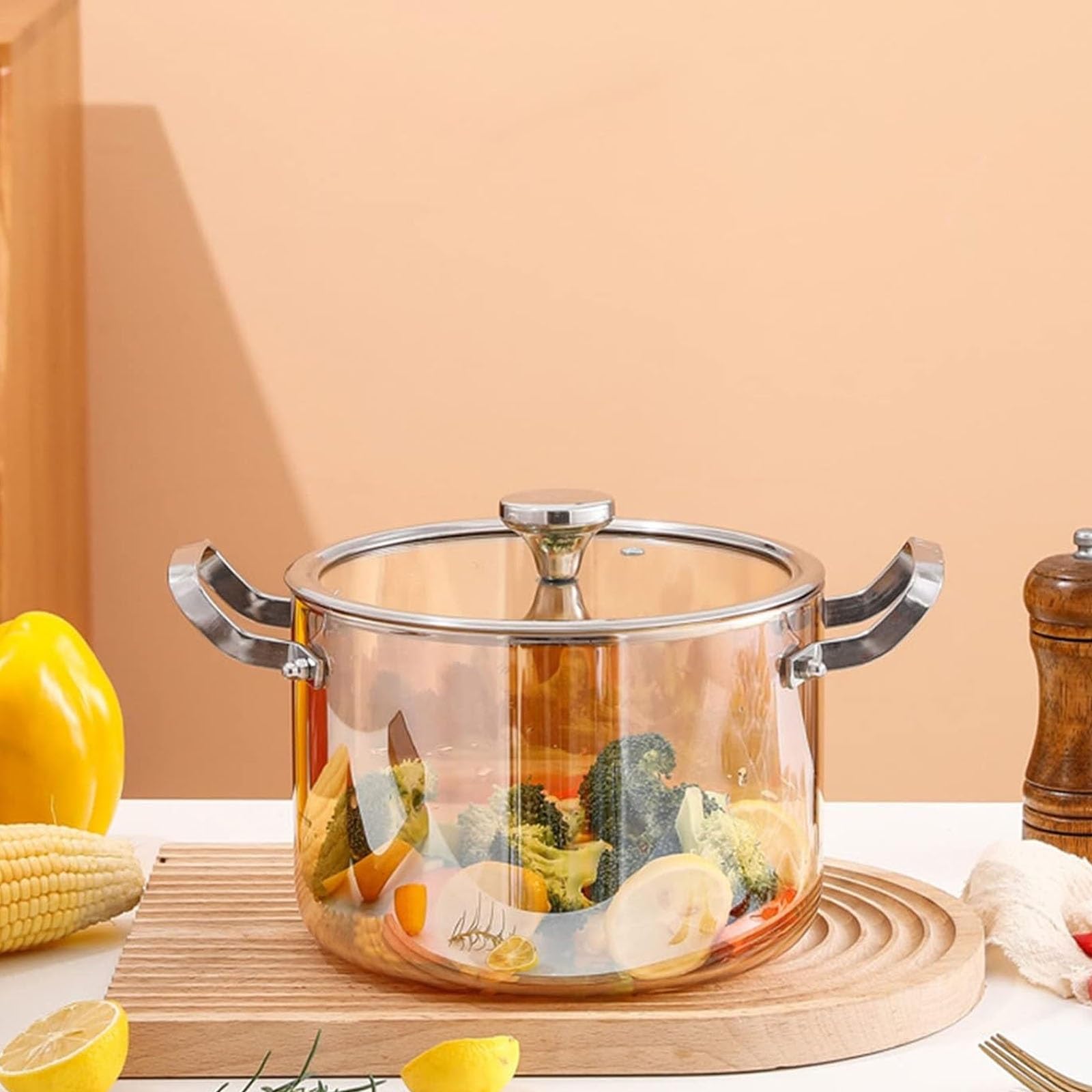 Klarglas Eintopf Transparenter Suppentopf mit Edelstahlgriff zum Kochen von Suppe, Nudeln, Milch - 3,5 l Fassungsvermögen