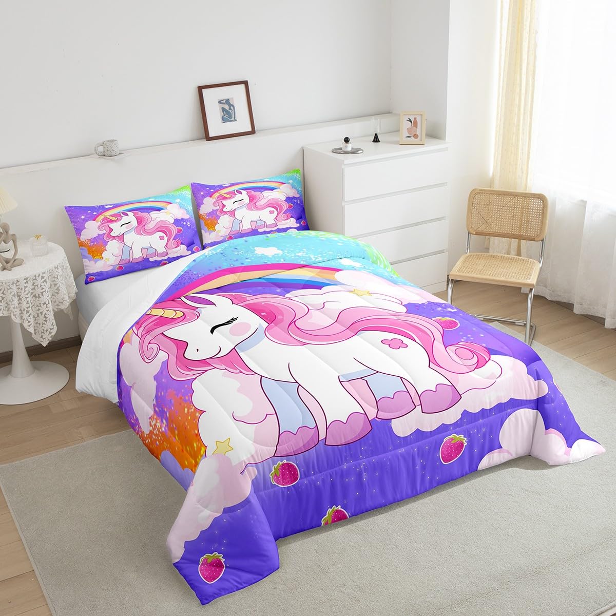 Girls Flower Girls Unicorn Comforter Set Full Size Cartoon Unicorn Bedding Set Rainbow Unicorn Reversible Duvet Insert Kawaii Unicorn Quilt 2 Pillowc